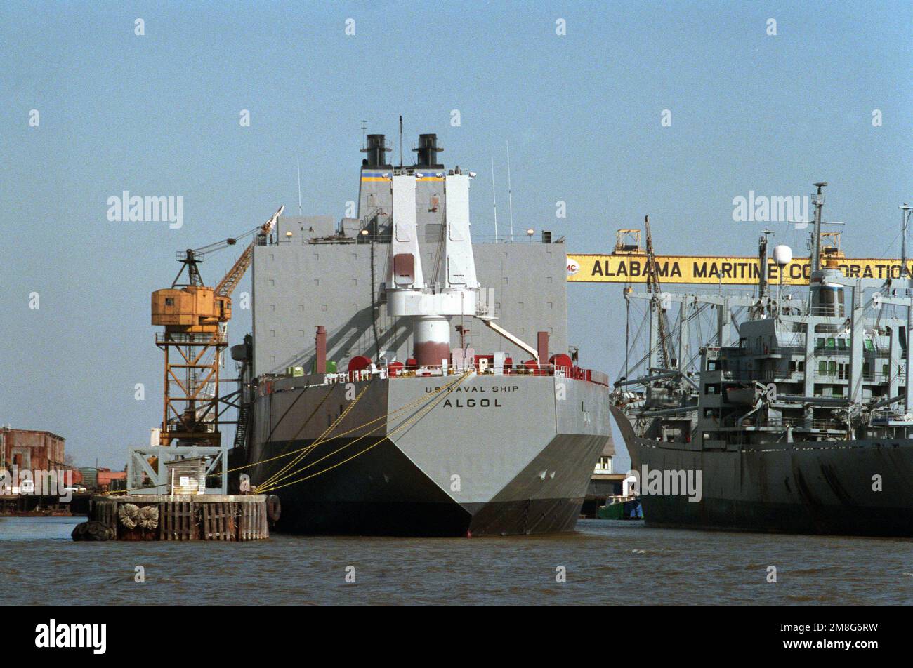 The Military Sealift Command vehicle cargo ship USNS ALGOL (T-AKR-287) and the Military Sealift Command Ready Reserve Force freighters USNS CALIFORNIA (T-AK-567) moored at Alabama Maritime Corporation Shipyard. Base: Mobile State: Alabama(AL) Country: United States Of America (USA) Stock Photo