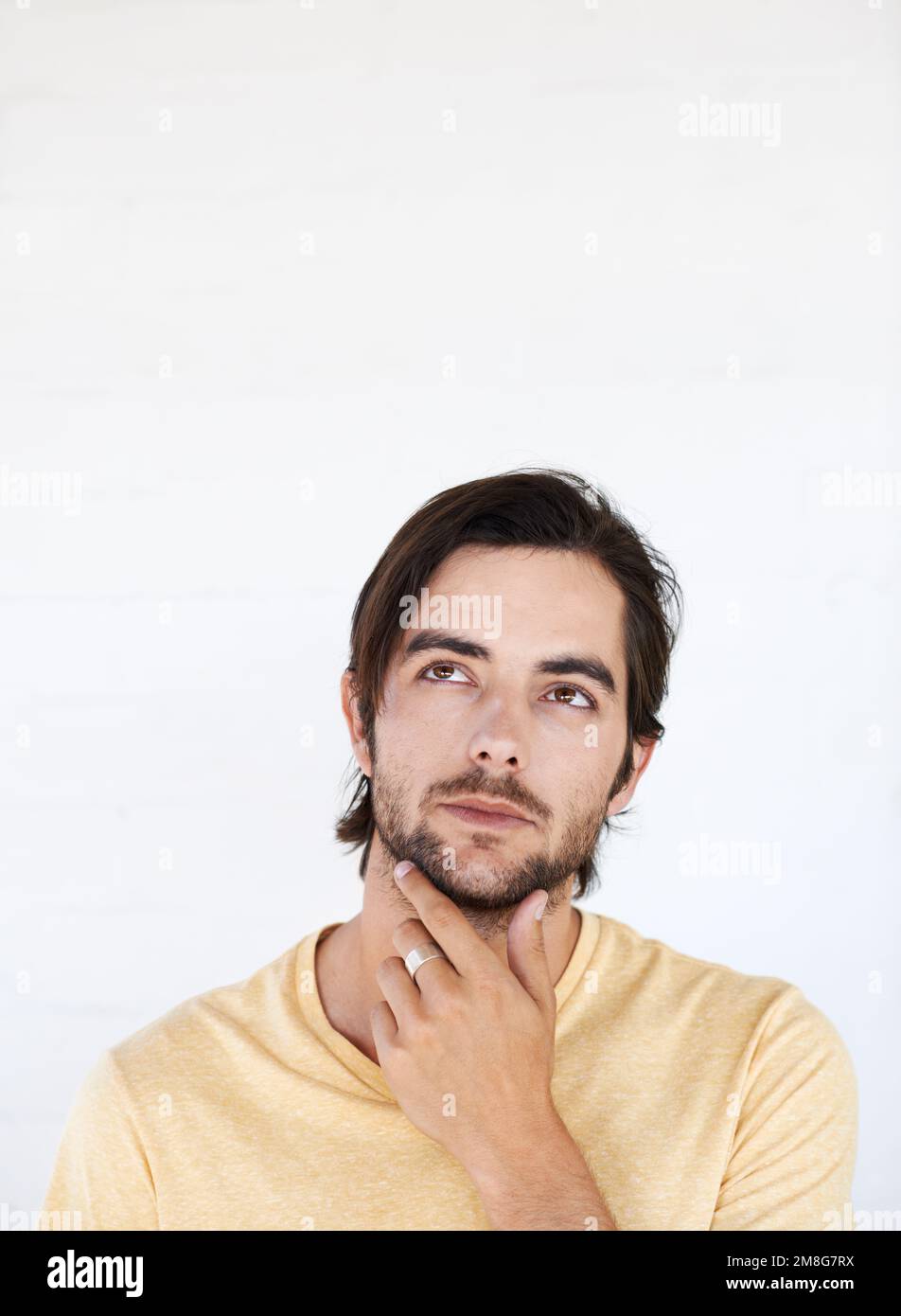 Idea mockup, face and man thinking, pensive and focus on contemplating ...