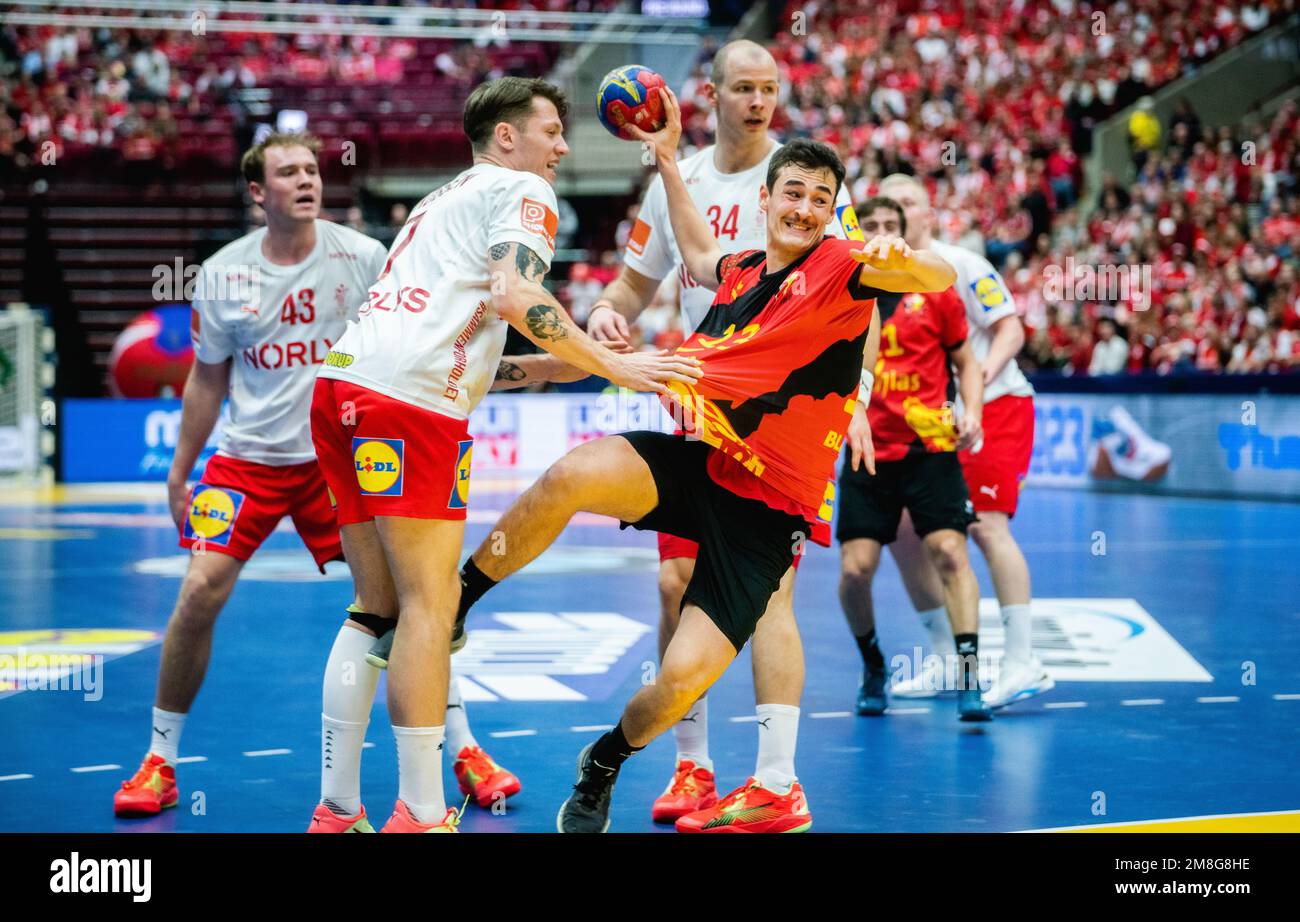 Malmo, Sweden. 13th Jan, 2023. Nick Braun (13) of Belgium and Emil