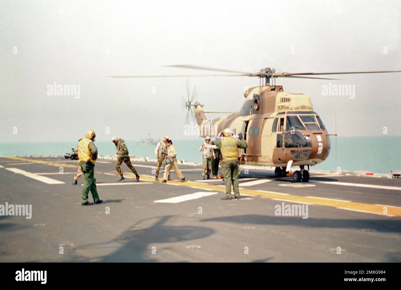 Aviation Boatswain's Mate (Aircraft Handling) 3rd Class John R. Scarry signals to the pilot of a Kuwaiti SA-330 Puma helicopter as it prepares to touch down on the flight deck of the amphibious assault ship USS OKINAWA (LPH-3). Country: Unknown Stock Photo