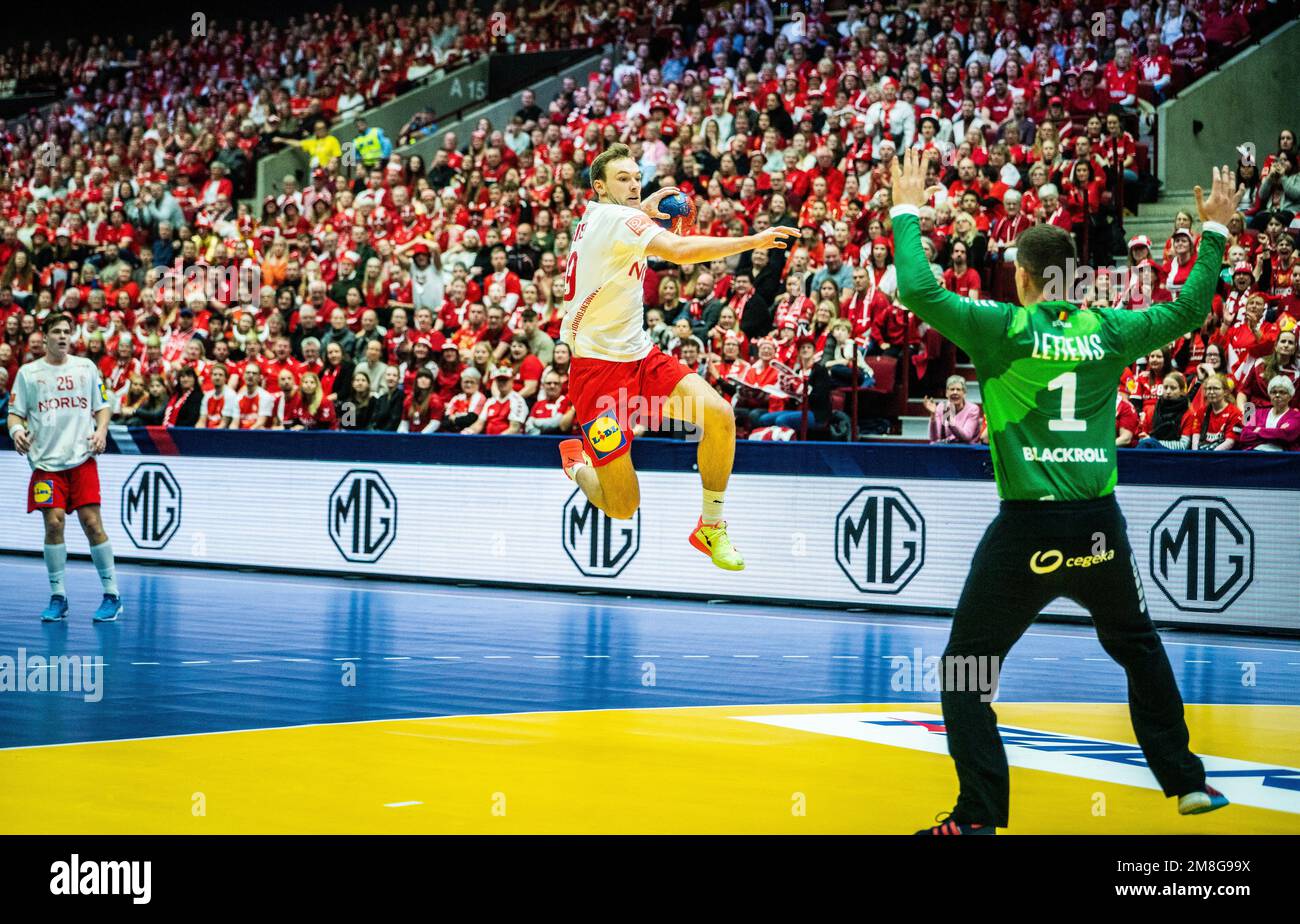 Malmo, Sweden. 13th Jan, 2023. Mathias Gidsel (19) of Denmark seen