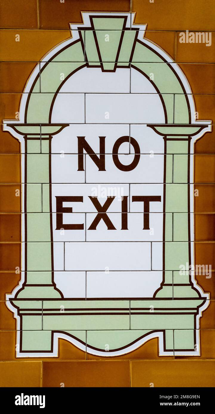 London, UK - 5th January 2023: Art deco No Exit tiled sign at Covent Garden Underground station, which was opened in 1907 and is on the TFL Piccadilly Stock Photo
