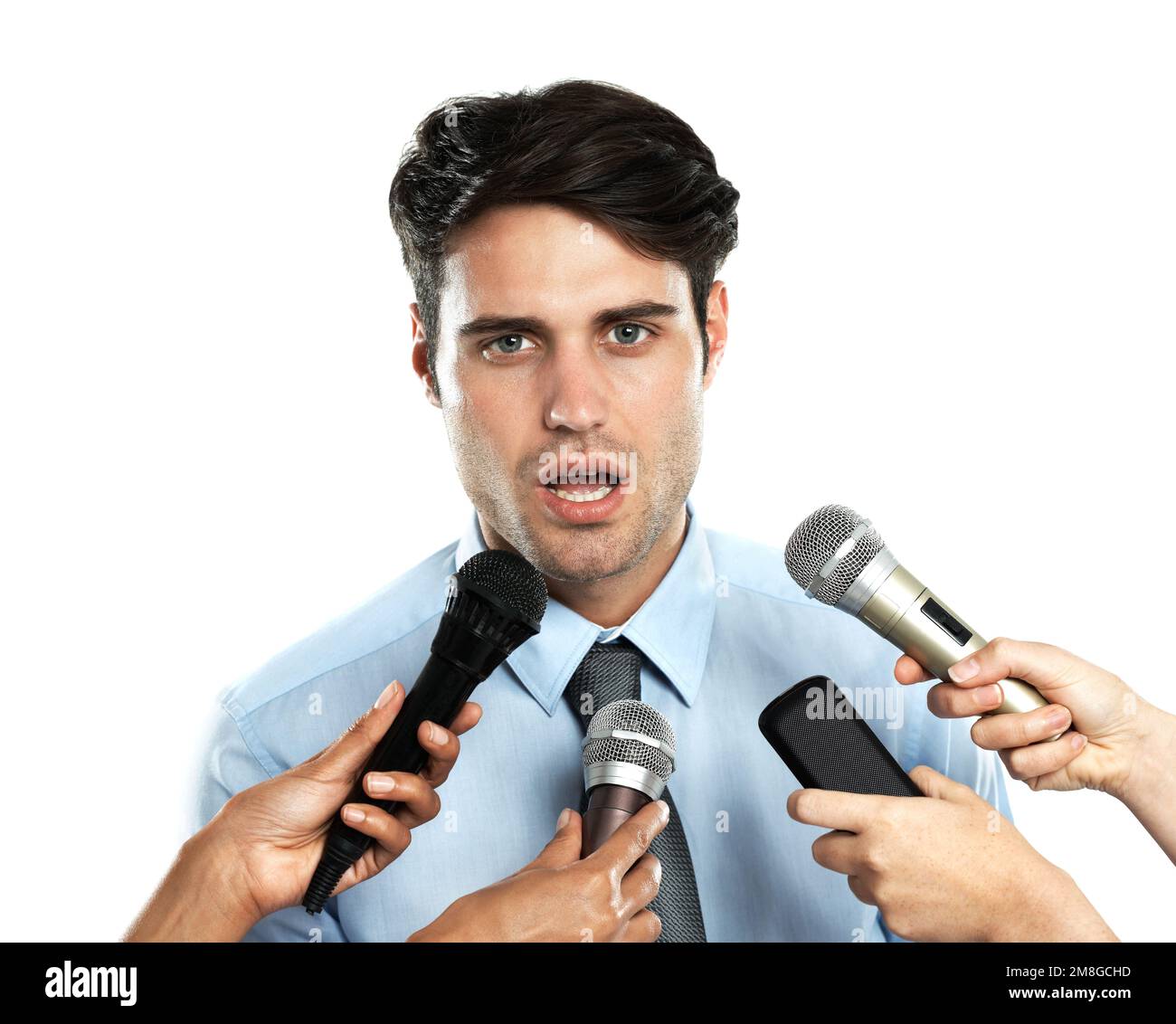 Microphone, portrait and interview for business man, government worker