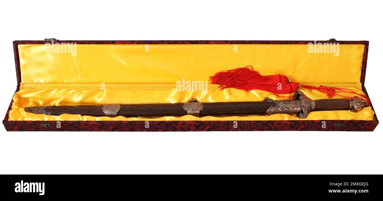 Chinese martial art double sword in box for fitness dancing Stock Photo