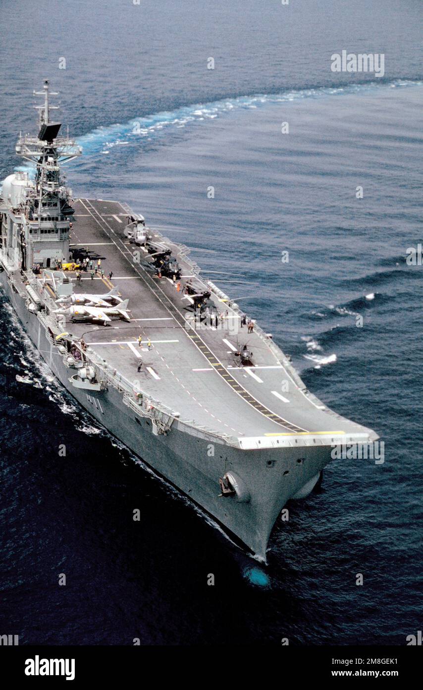 A starboard bow view of the Spanish navy's aircraft carrier PRINCIPE DE