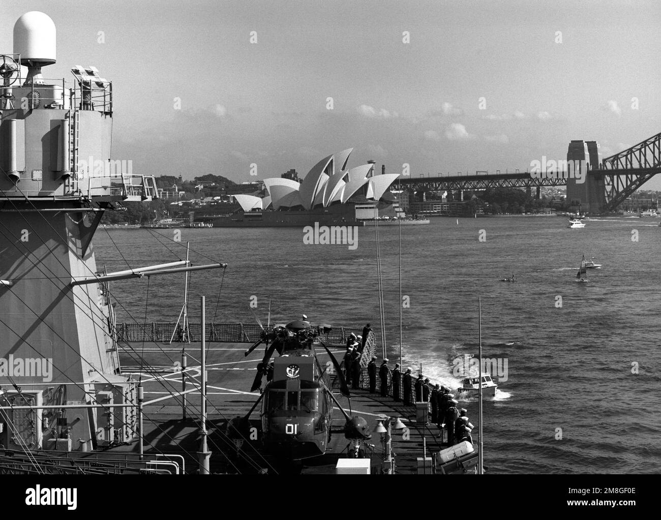 A view looking aft on the U.S. Seventh Fleet Flagship USS BLUE RIDGE (LCC-19) as the ship enters the inner harbor. The BLUE RIDGE is making a port visit in commemoration of the 50th anniversary of the Battle of the Coral Sea. Base: Sydney Harbor State: New South Wales Country: Australia (AUS) Stock Photo