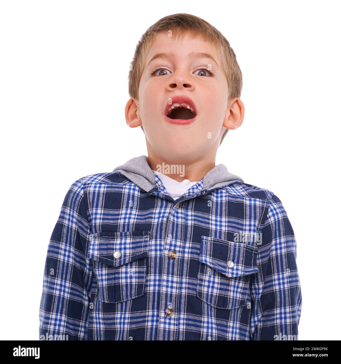 Portrait, children and wow with a boy in studio isolated on a white background with a missing tooth. Kids, surprise or shocked with a male child Stock Photo