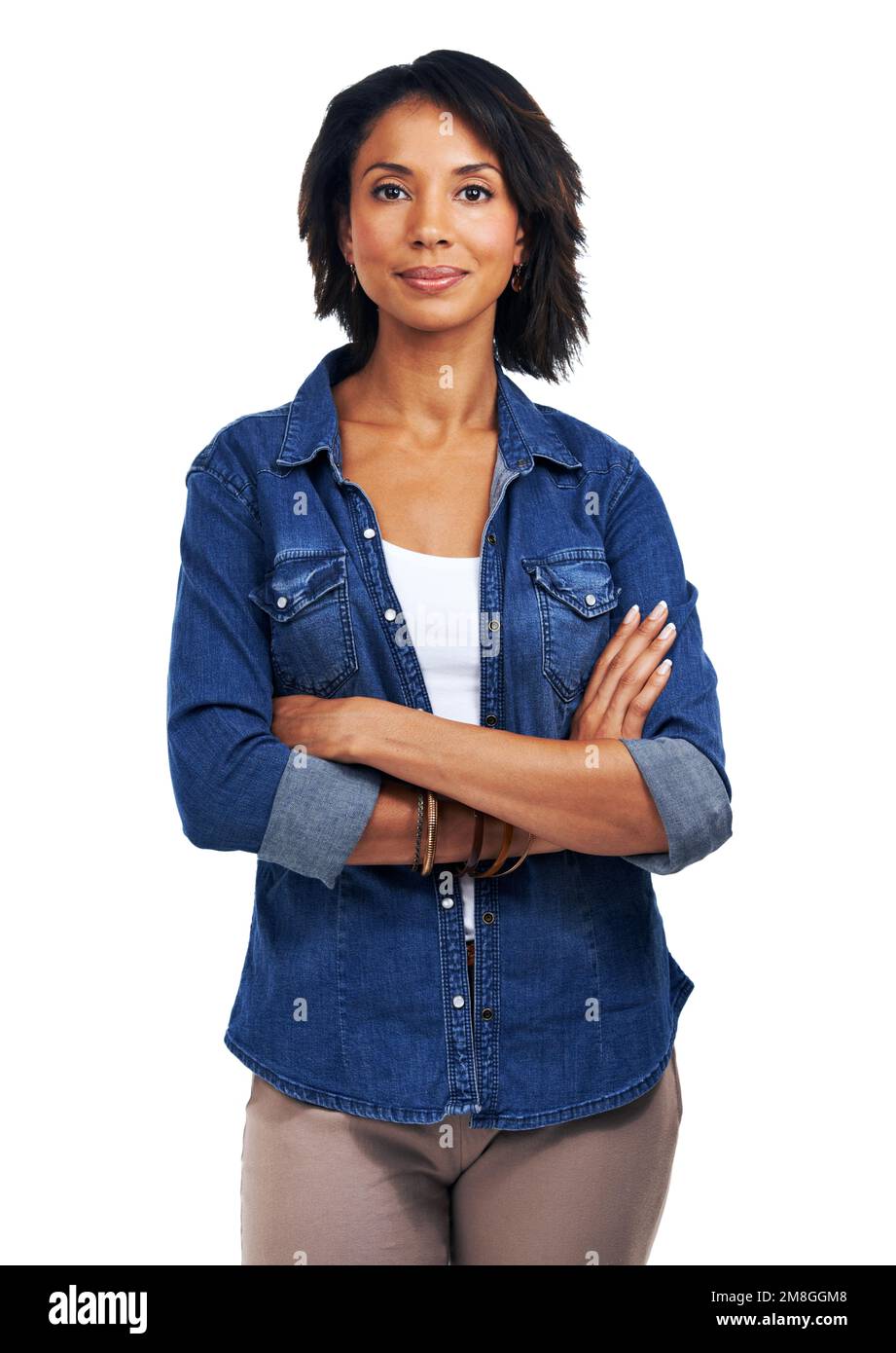 Black woman, portrait and confidence with arms crossed on studio ...