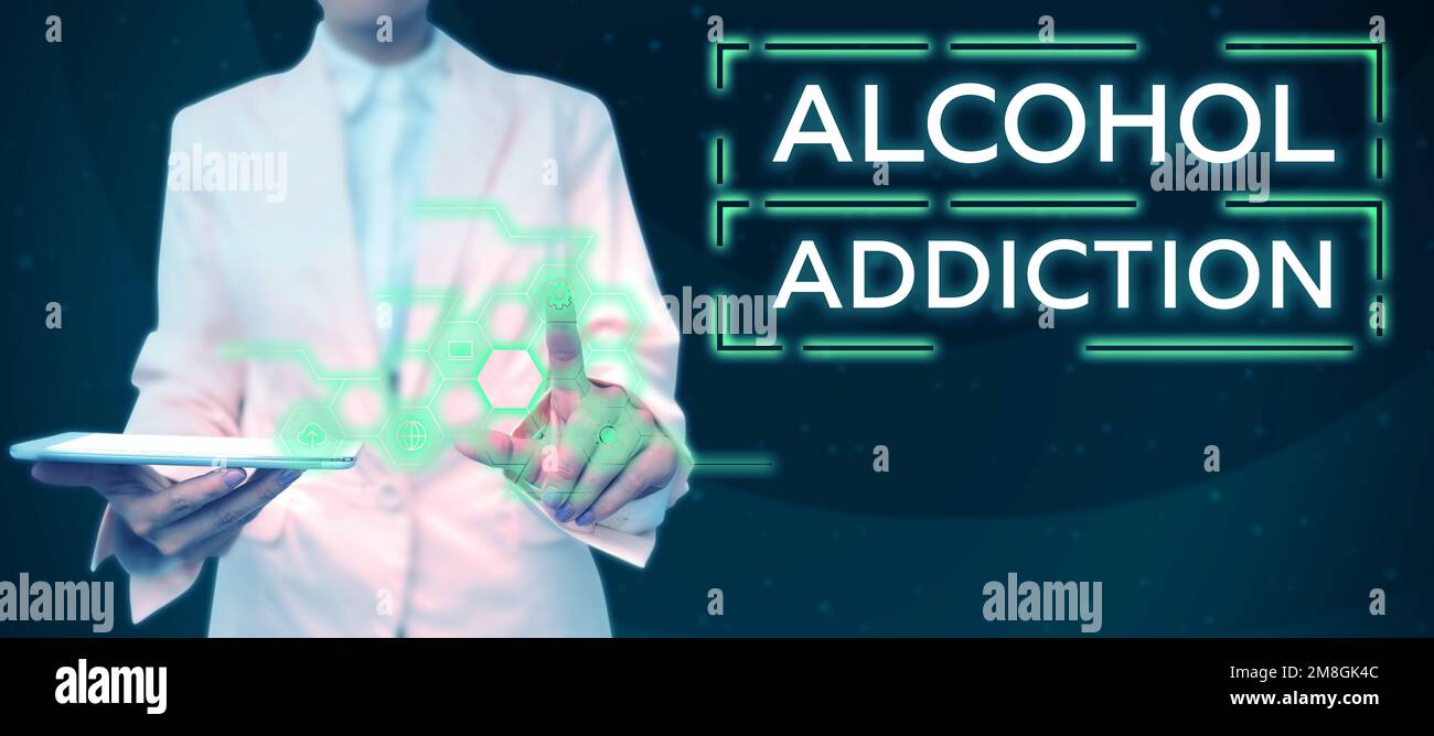 Hand writing sign Alcohol Addiction. Concept meaning characterized by