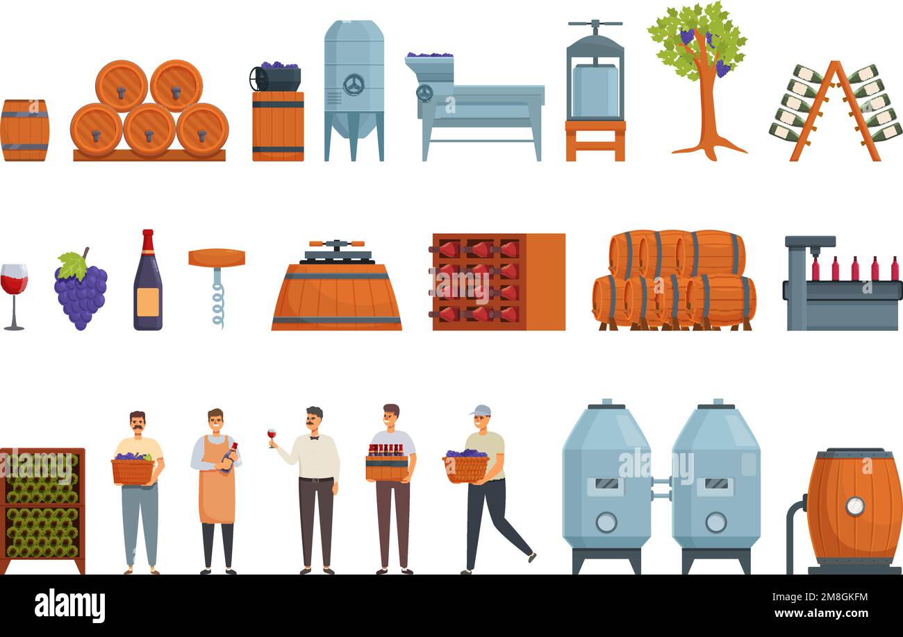 Wine production icons set cartoon vector. Winery agriculture. Process
