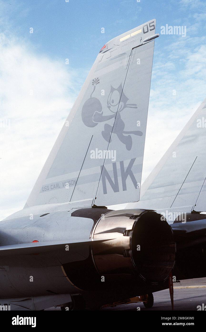 A close-up view of a tail fin and the exhaust nozzle of the port-side General Electric F110 engine on a Fighter Squadron 31 (VF-31) F-14D Tomcat aircraft. Base: Naval Air Station, Miramar State: California(CA) Country: United States Of America (USA) Stock Photo
