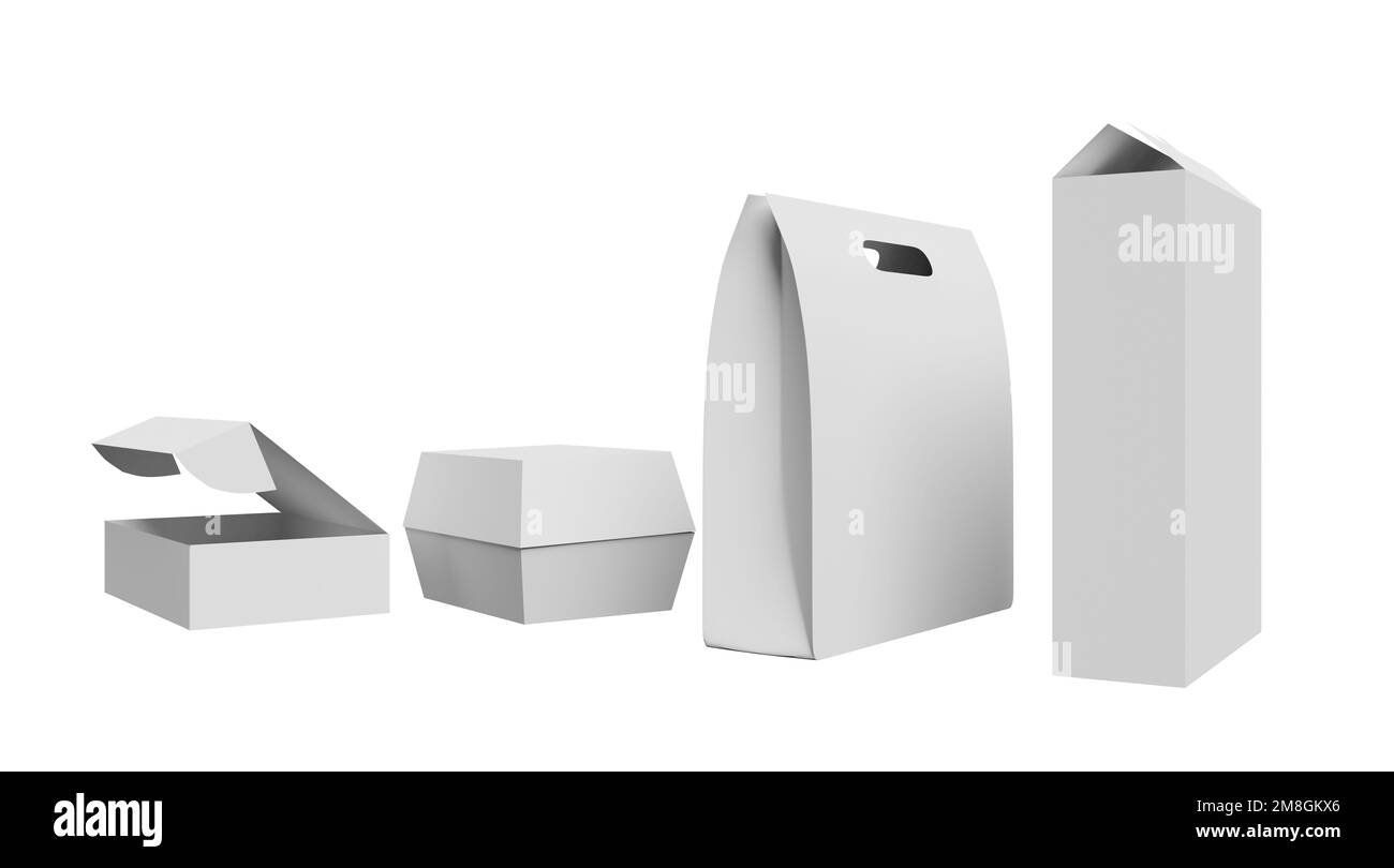 Paper food packaging options, 3d rendering mockup on isolated