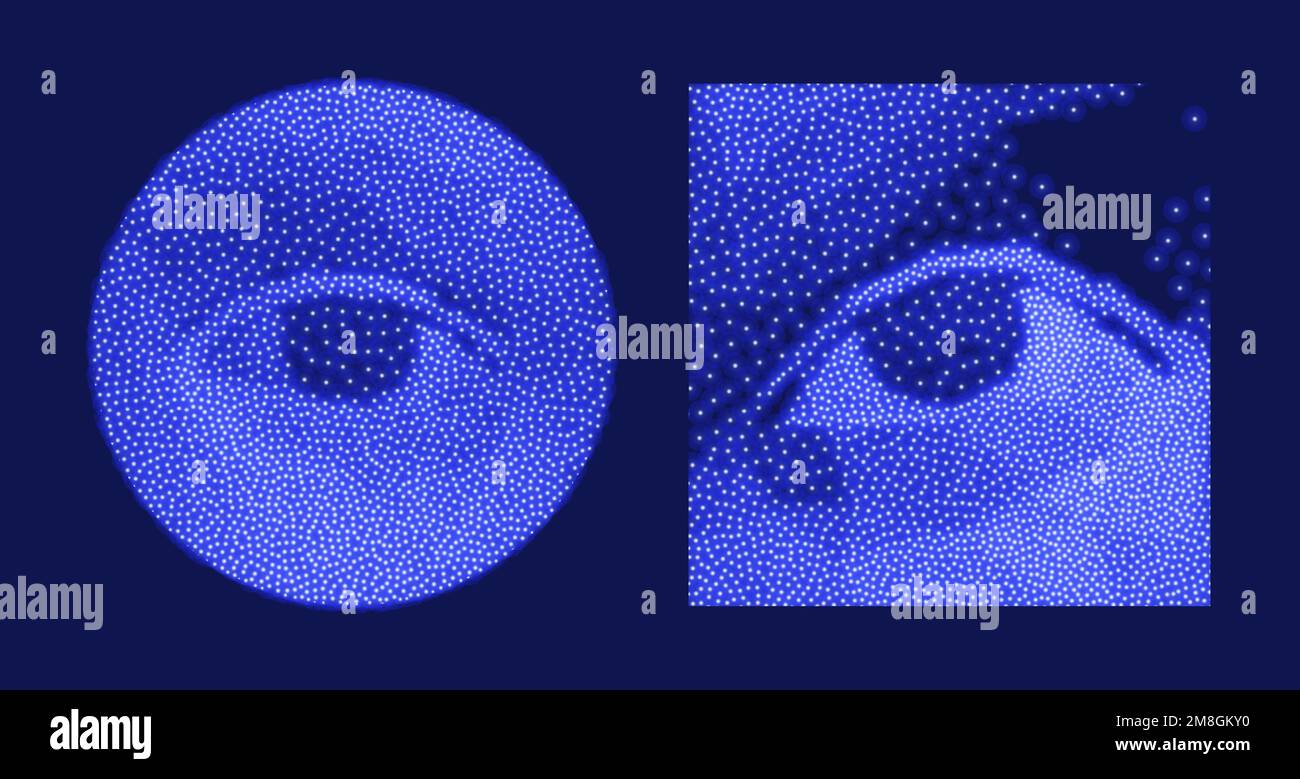 Eye. Close-up portrait of a man. Digital vision. Security technology and surveillance. Innovative medicine and technology. Stipple effect. 3D vector i Stock Vector