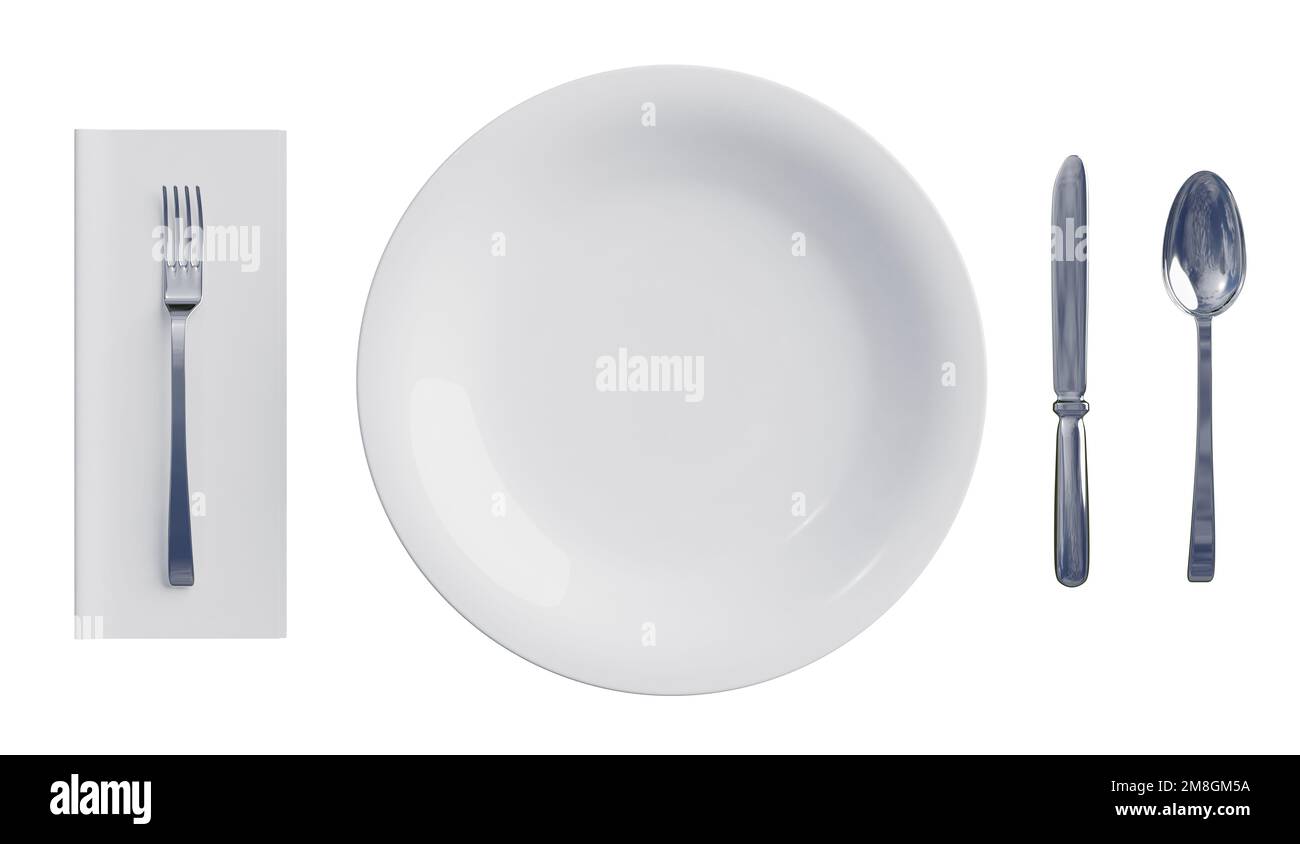 Simple dinner table setting of generic kitchen utensils, 3d rendering. Overhead view of