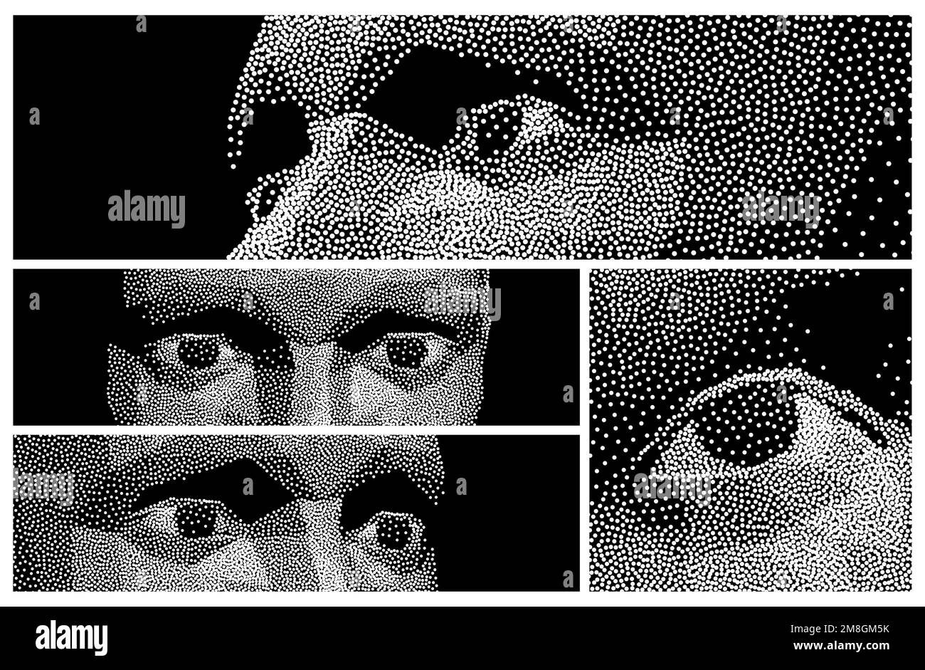 Eye. Close-up portrait of a man. Digital vision. Security technology and surveillance. Innovative medicine and technology. Stipple effect. 3D vector i Stock Vector