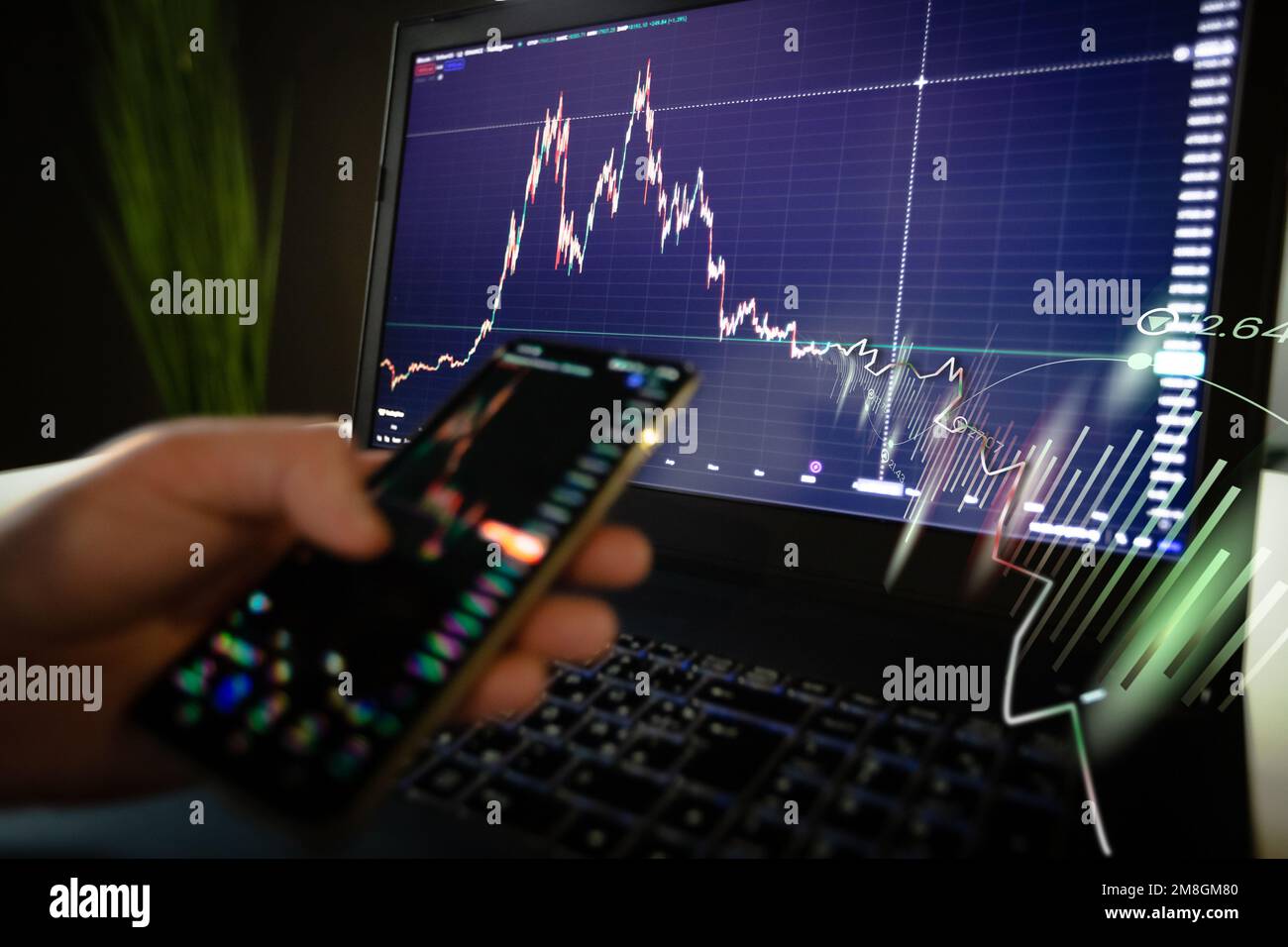 Businessman trading online stock market concept or forex investment exchange. Bitcoins, futures. Crypto currency chart with values moving up and down, trading statistics and analytics on laptop screen forex background Binar. stockbroker. checking price chart on digital exchange. Forex trading agency worker agent reviewing profits growth. Another crisis is coming and prices on the charts are falling down. finance business stock exchange graph chart, crypto, blockchain data analytics report analyzing. business man working on financial report. High quality photo Stock Photo