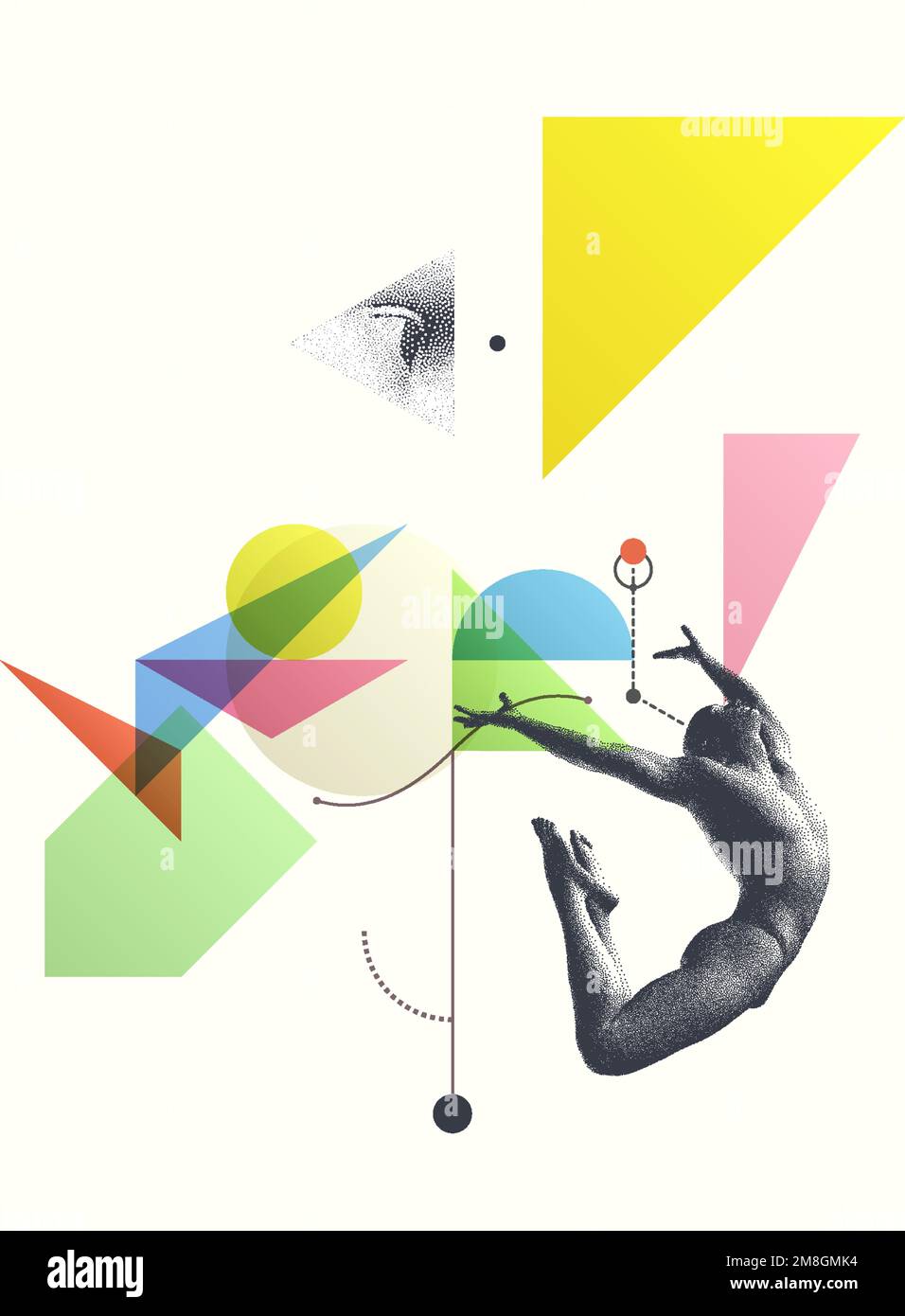 Side view of man leaping in mid air bending backwards. Control concept. Art composition. Transparency geometrical background. Gymnast performing an el Stock Vector