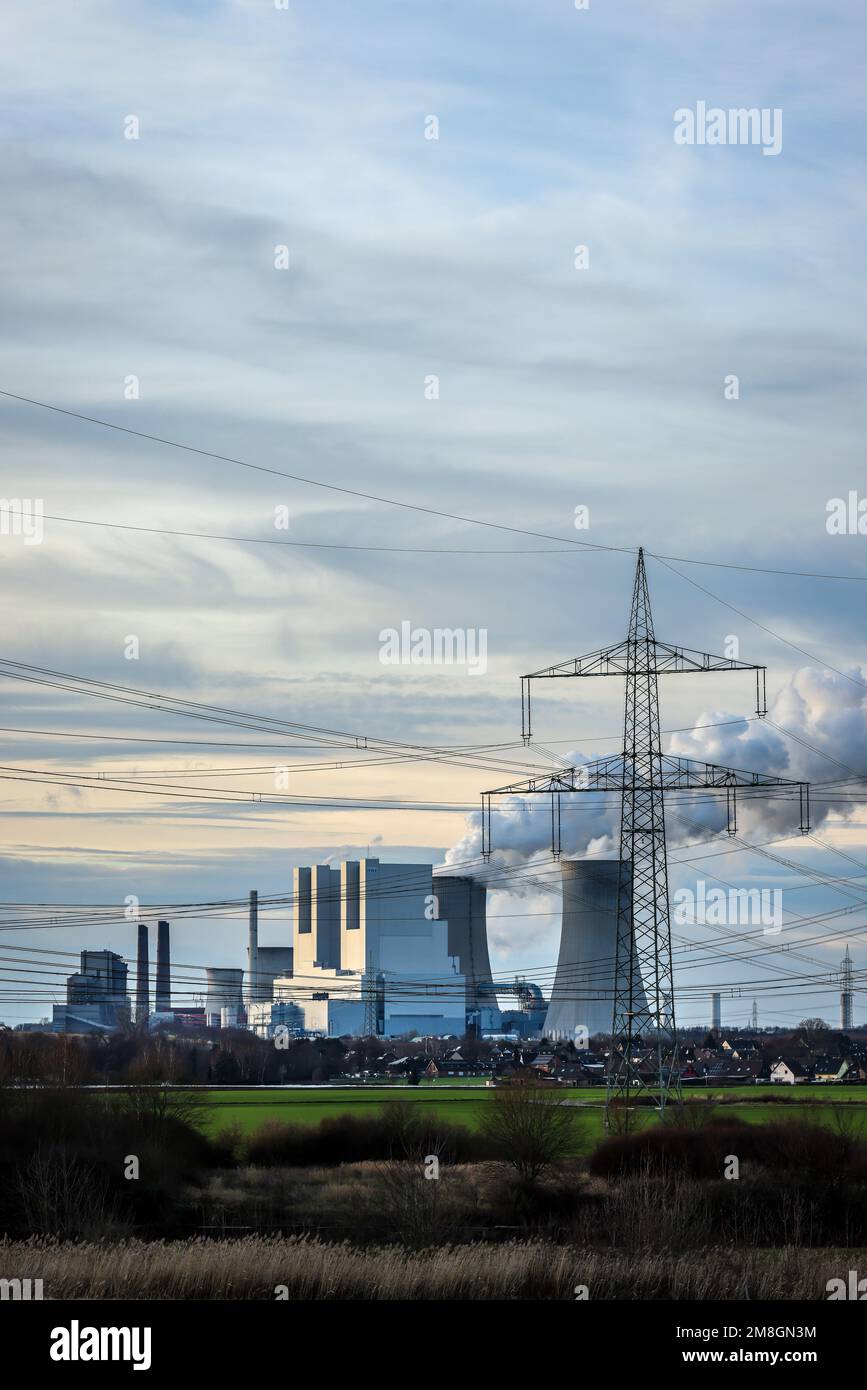 Grevenbroich, North Rhine-Westphalia, Germany - RWE Power AG Neurath power plant, lignite-fired power plant at RWE's Garzweiler opencast lignite mine, Stock Photo