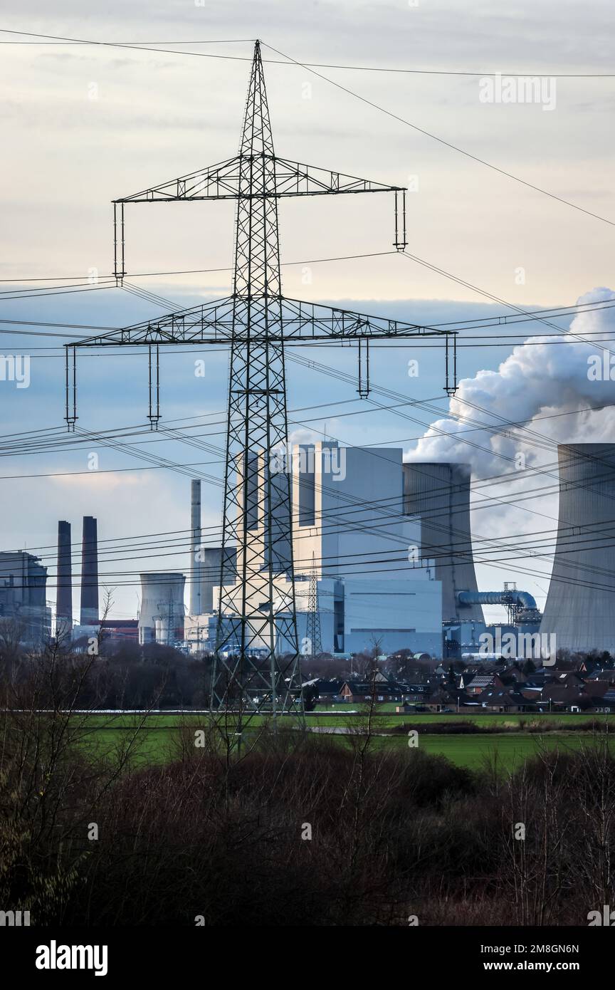 Grevenbroich, North Rhine-Westphalia, Germany - RWE Power AG Neurath power plant, lignite-fired power plant at RWE's Garzweiler opencast lignite mine, Stock Photo