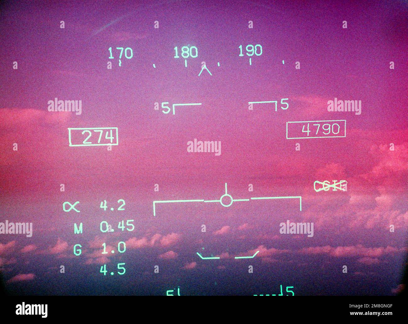 A view of one of the Heads-Up Display (HUD) screens from inside the cockpit of a Strike Fighter Squadron 136 (VFA-136) F/A-18C Hornet aircraft. Country: Unknown Stock Photo