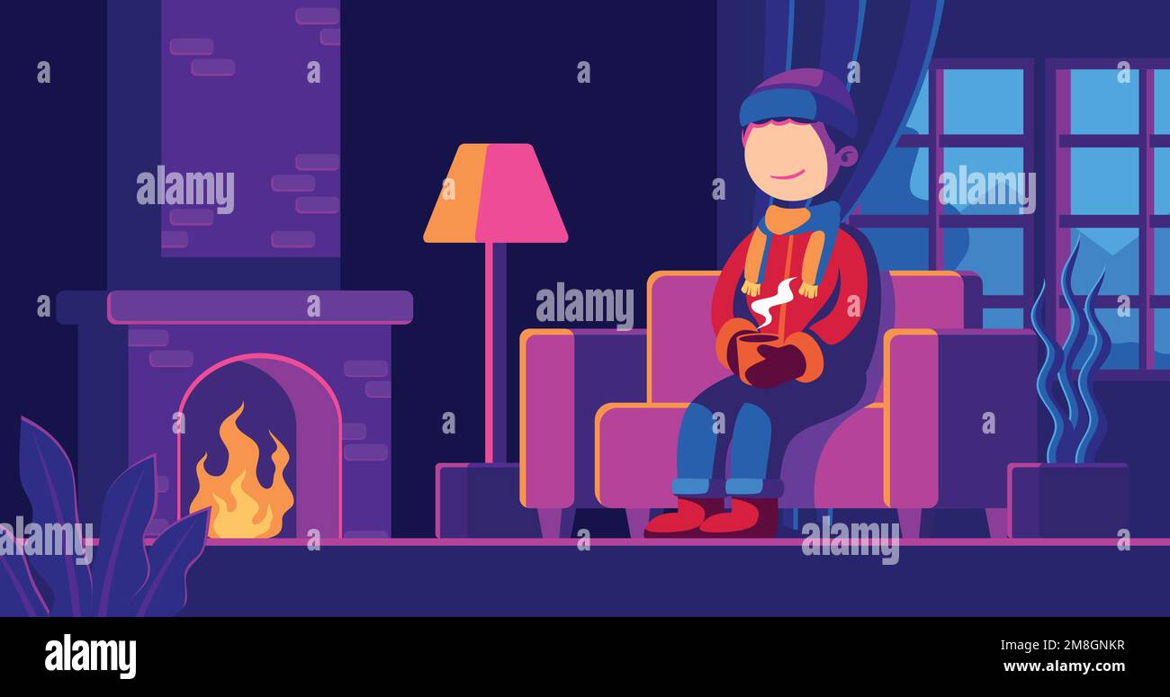 A digital illustration of a happy young man sitting and drinking coffee