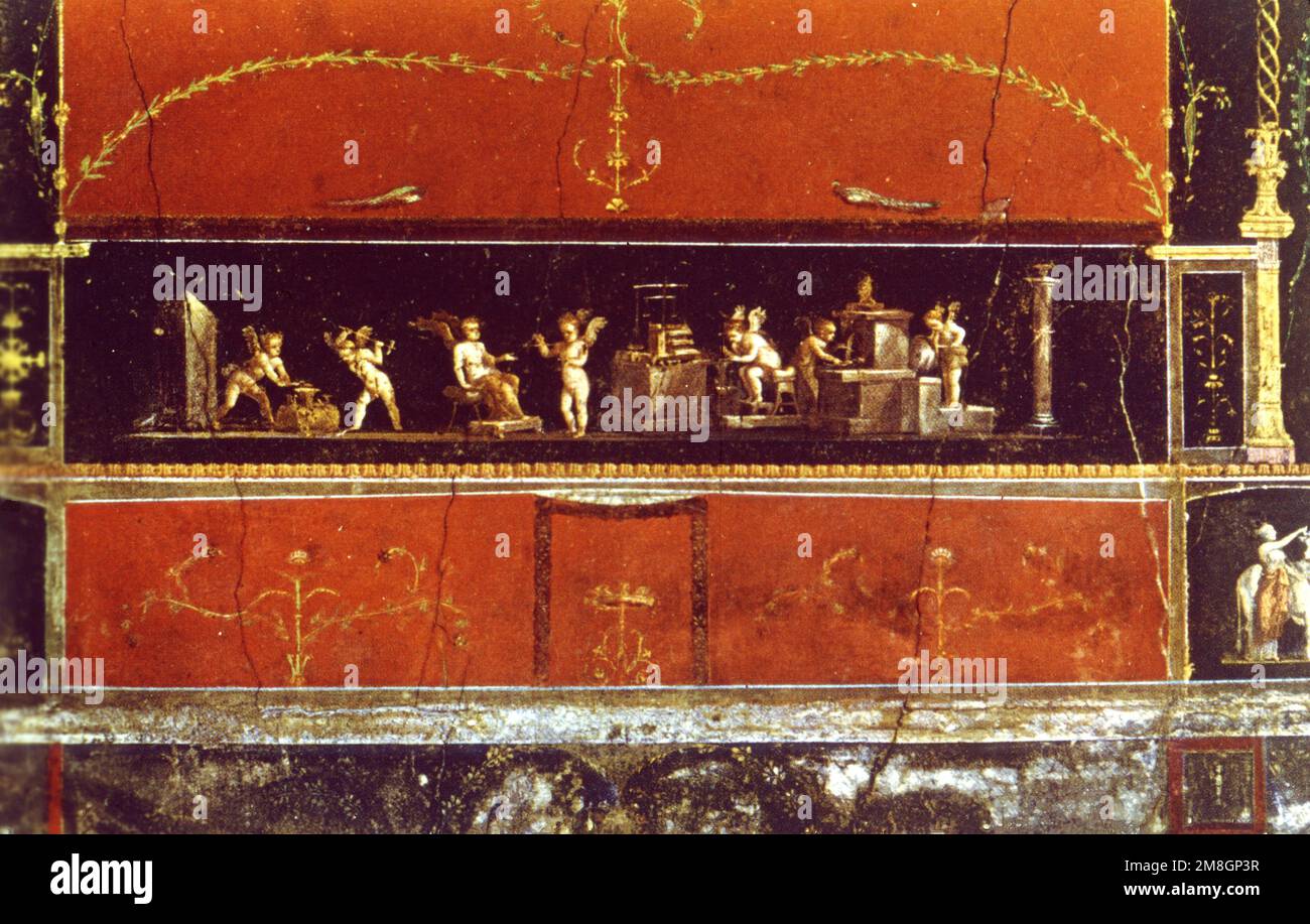 Fresco depicting goldsmith cupids, House of the Vettii, Pompei, Italy