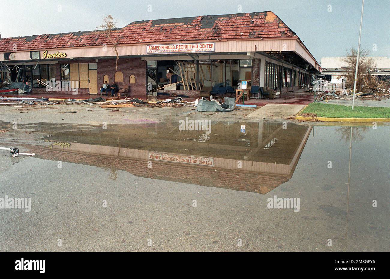 A view of damage to the Armed Forces Recruiting Center, caused by