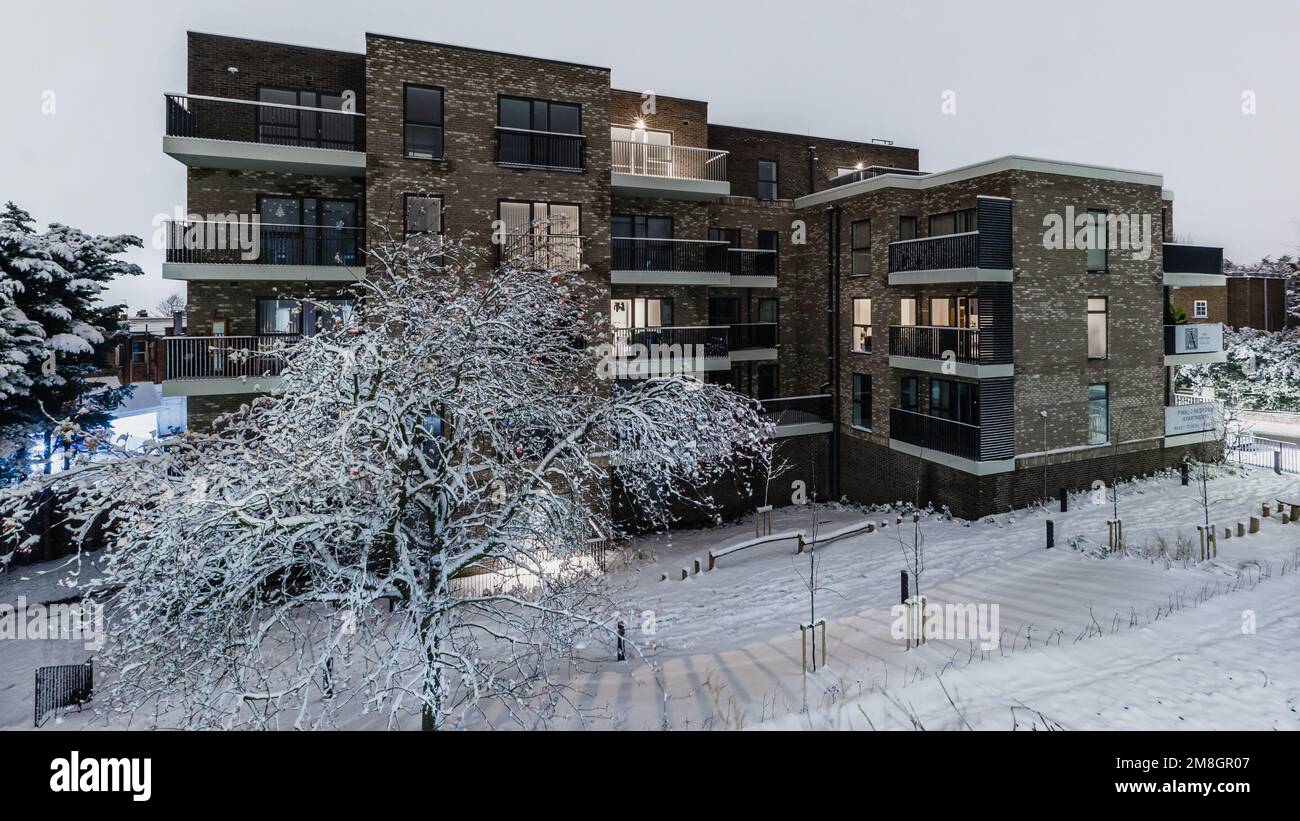 Winter scene by newly built Hill Group apartments in Northwest London