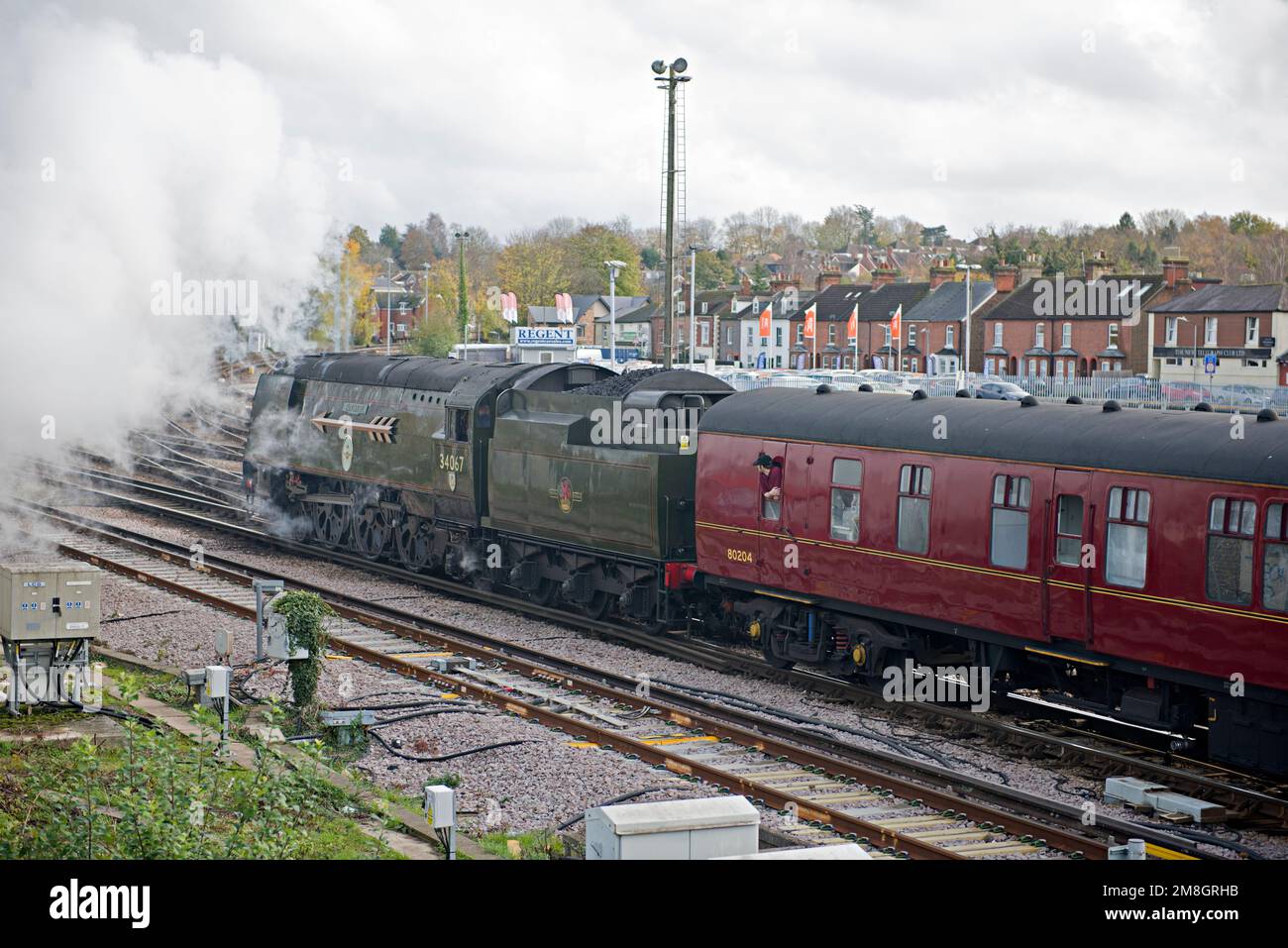Preserved steam locomotive, Battle of Britain class no 34067 'Tangmere' leaves Tonbridge Station in Kent, UK with special charter train from London Stock Photo