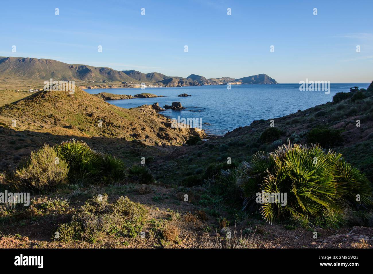 Seascape from Cabo de Gata coastal path south of La Isleta del Moro, Almeria province, Spain. View from near El Embacadero. Stock Photo
