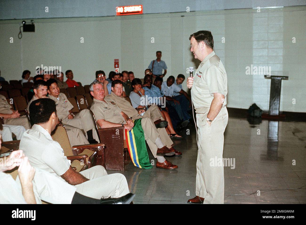 VADM Edwin R. Kohn Jr., commander, Naval Air Force, U.S. Pacific Fleet, speaks to U.S. naval personnel remaining at the facility regarding base closure issues. Control of both NAS, Cubi Point, and Naval Station, Subic Bay, is being turned over to the Philippine government. Base: Naval Air Station, Cubi Point State: Luzon Country: Philippines (PHL) Stock Photo