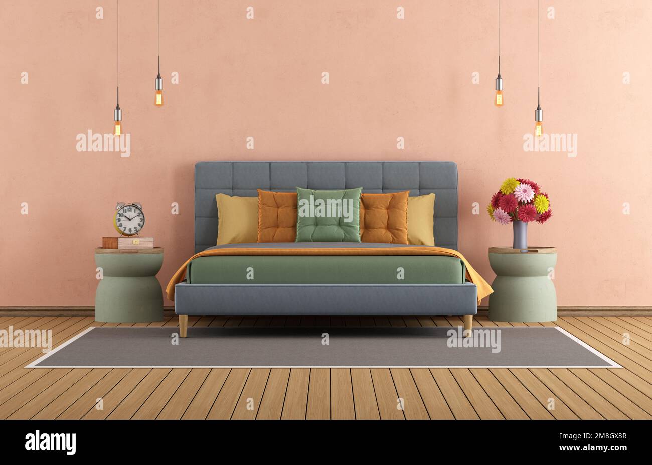 Colorful modern master bedroom with blue double bed and colorful