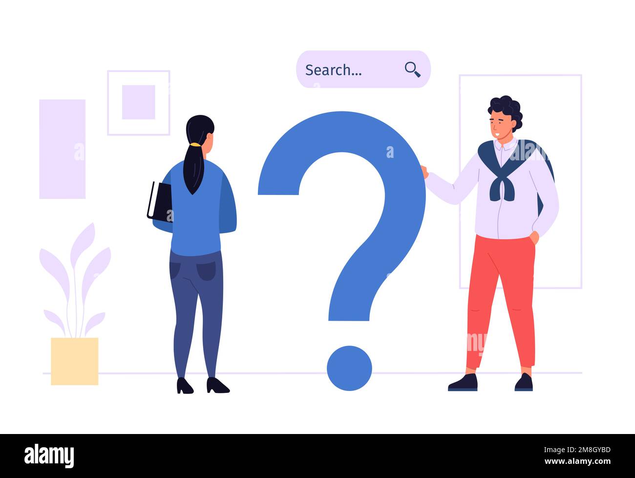 Online question answers search. Male and female characters looking for solution in internet, solving problems Stock Vector