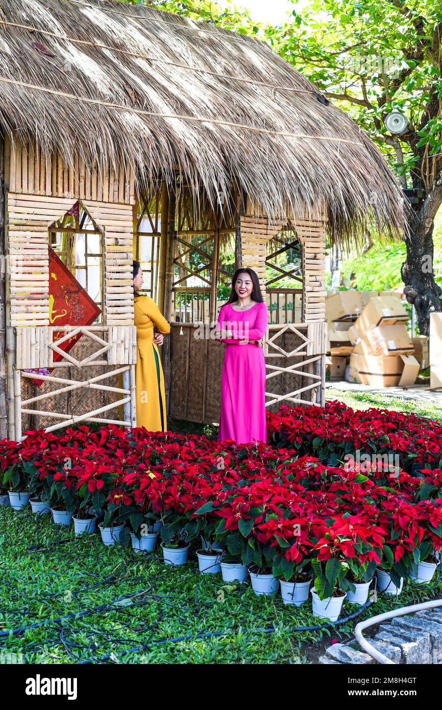 Nha Trang, Vietnam 13 January 2023 two vietnamese women meeting