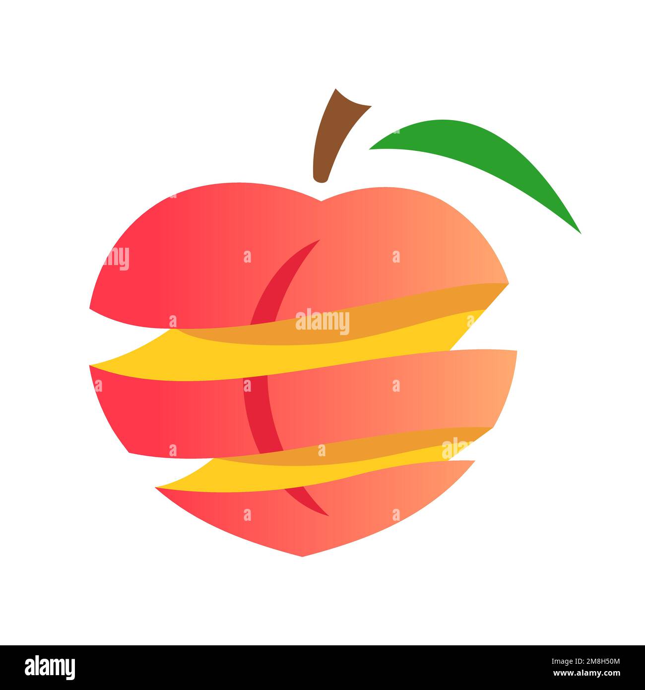 Peeled colorful peach with a stem and a leaf. Carving fruit. Nectarine