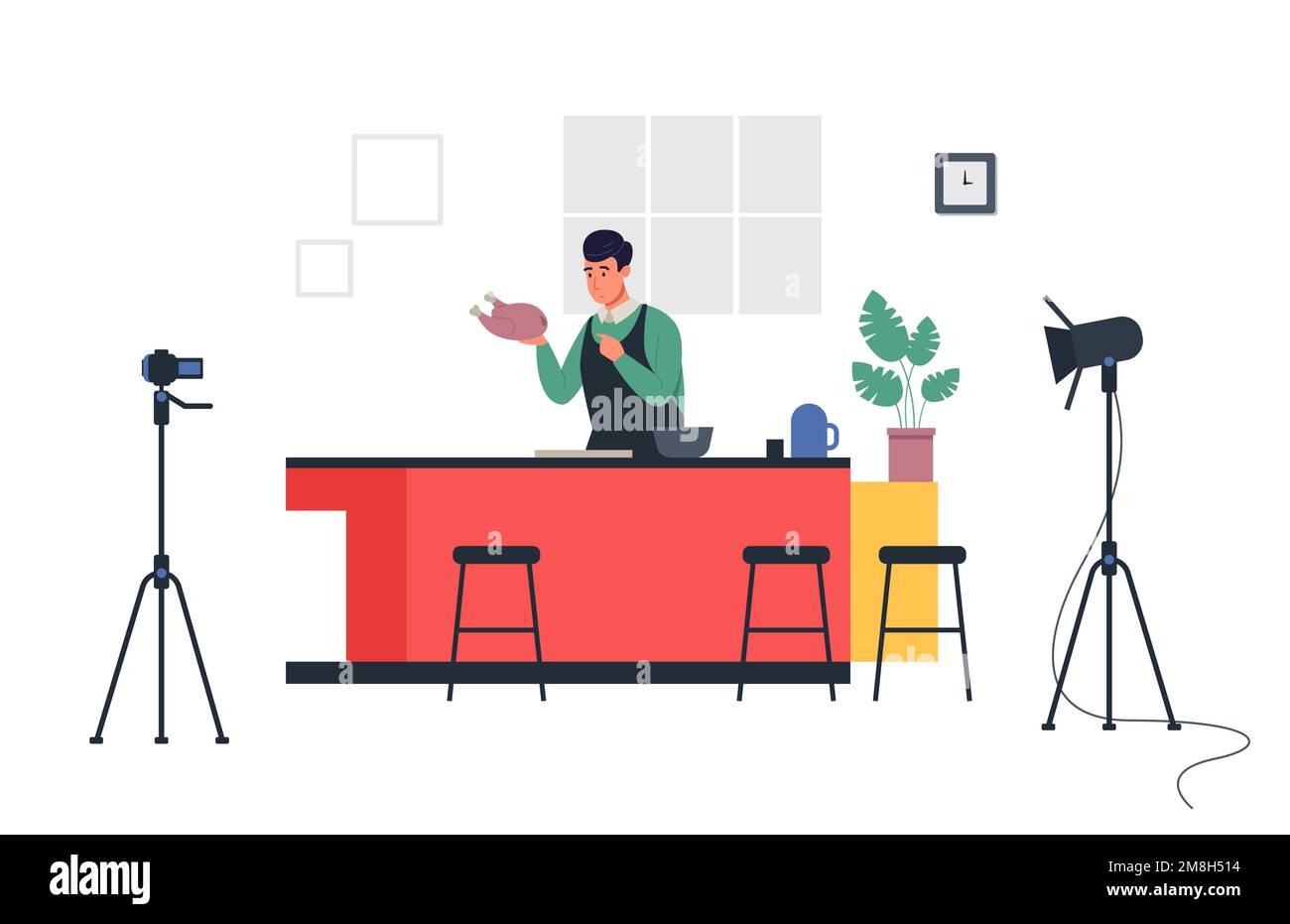 Cooking blogger. Male chef making food online in front of cameras. Character streaming and teaching how to prepare chicken Stock Vector