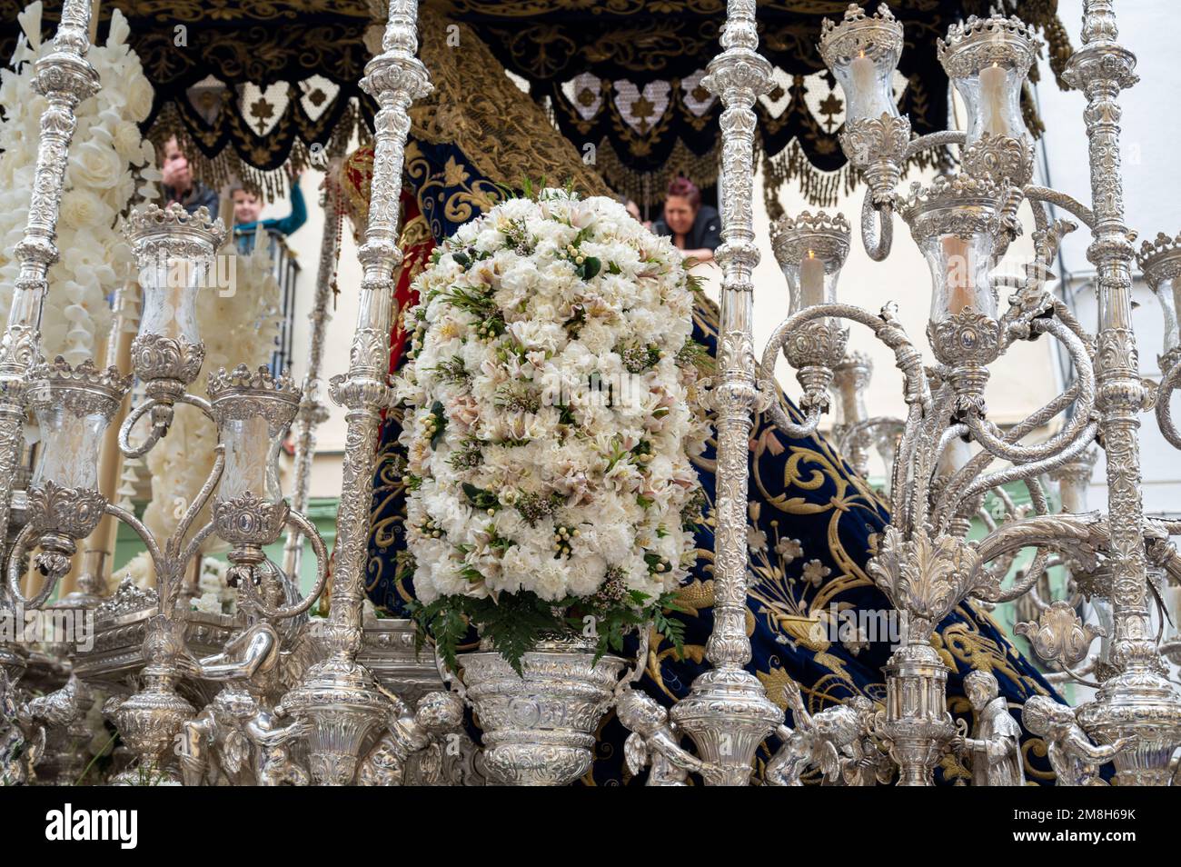 Detail of a throne carrying an effigy of Madonna in an Easter Parade during Holy Week or Semana Santa in Cadiz, Spain Stock Photo