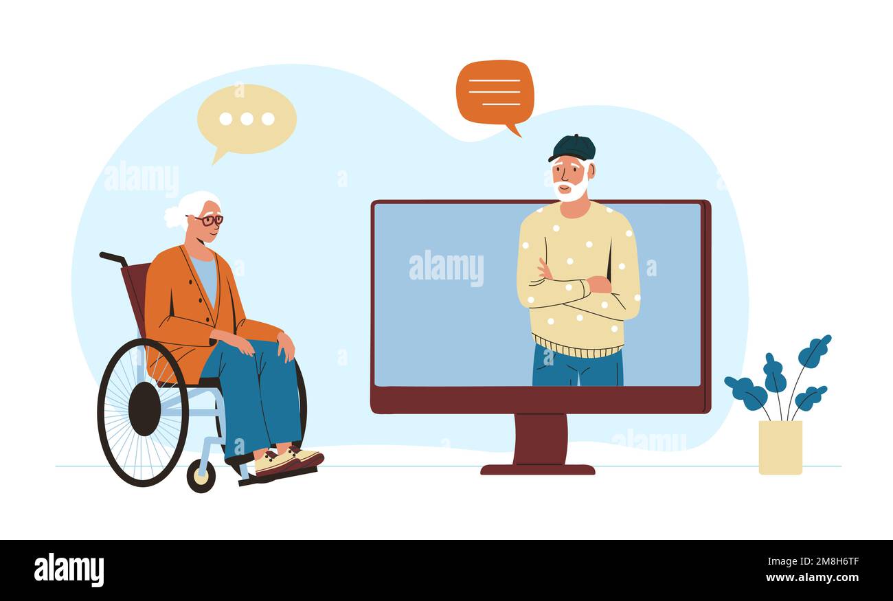 Grandfather and grandmother with gadget. Senior man and woman communicating online. Male character talking from computer Stock Vector