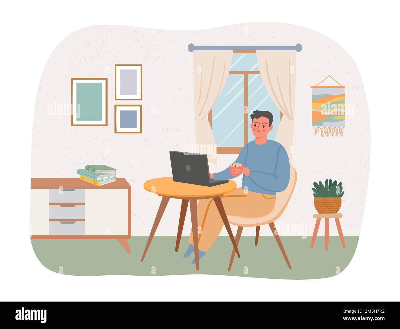 Man working online with laptop. Cheerful employee having distant job. Male character sitting at home and working remotely Stock Vector