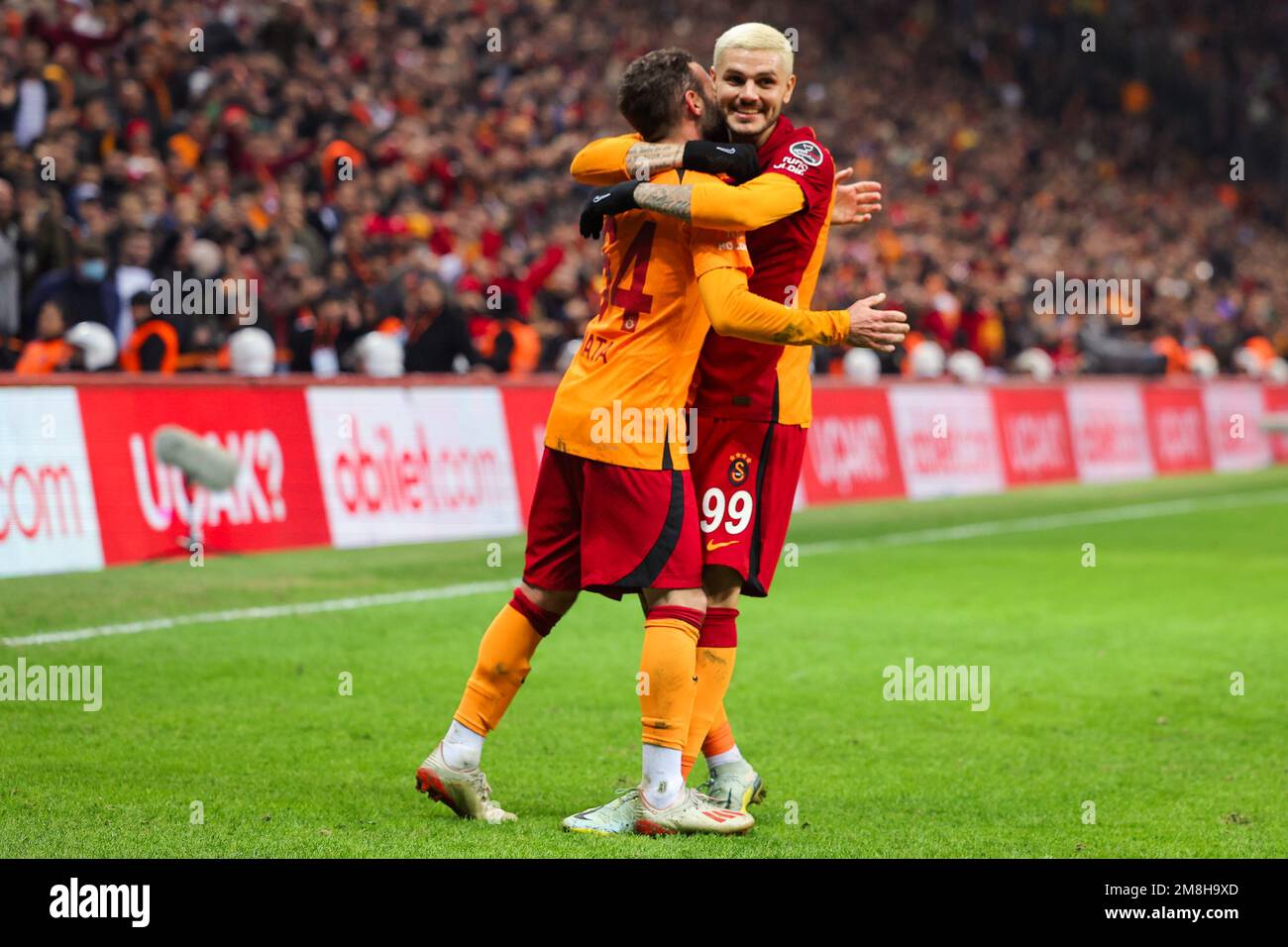 ISTANBUL, TURKEY - JANUARY 13: Juan Mata of Galatasaray celebrates after  scoring the team's second goal with Mauro Icardi of Galatasaray during the  Super Lig match between Galatasaray and Hatayspor at the