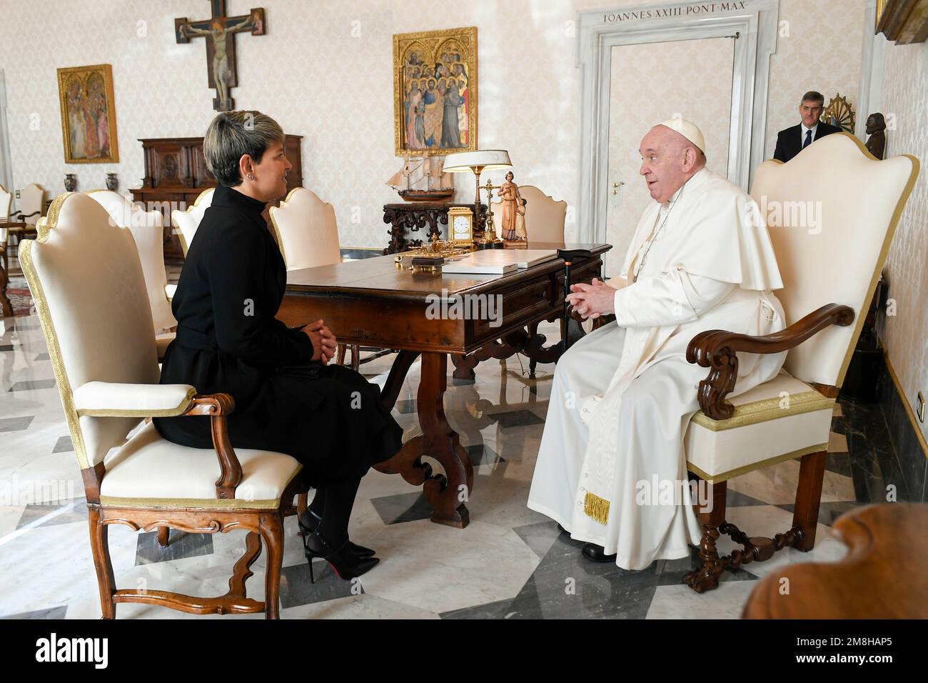 Vatican, Vatican. 14th Jan, 2023. Italy, Rome, Vatican, 2023/1/14. Pope Francis during a private audience with H.E. Mrs. Veronica Alcocer Garcia, Consort of the President of Colombia at the Vatican . Photograph by Vatican Media /Catholic Press Photo . RESTRICTED TO EDITORIAL USE - NO MARKETING - NO ADVERTISING CAMPAIGNS. Credit: Independent Photo Agency/Alamy Live News Stock Photo