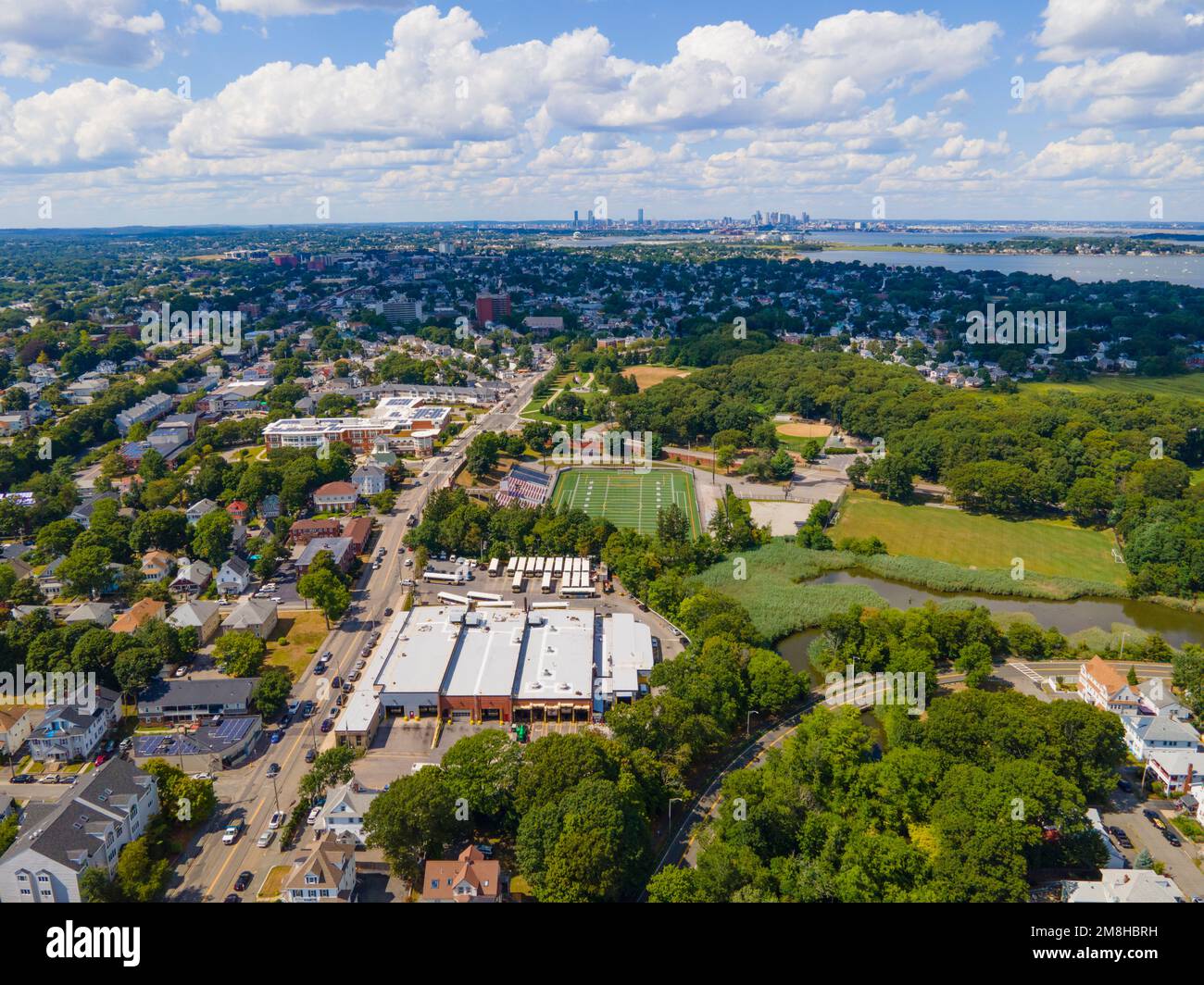 Quincy historic city landscape aerial view on Hancock Street in Quincy