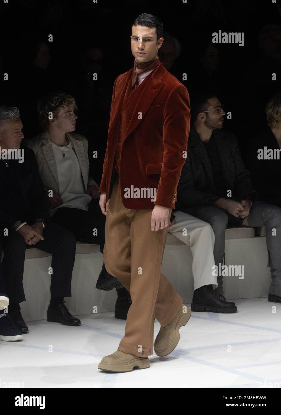 Milan, Italy. 14th Jan, 2023. January 14, 2023, MILAN, ITALY: Model  presents creations by Italian label Emporio Armani from the Fall/Winter  2023/2024 collection during the Milan Fashion Week, in Milan, Italy, 14