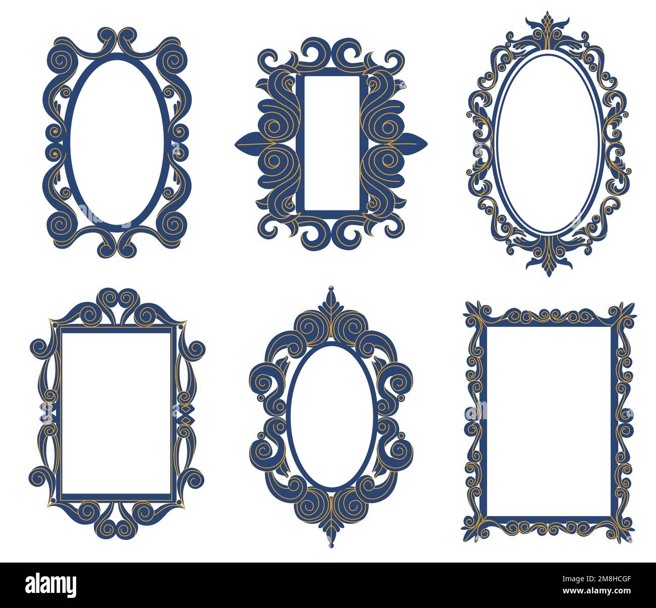 Vintage baroque antique decorative tracery mirrors. Elegant borders with curves elements of different shape such as oval and rectangle Stock Vector