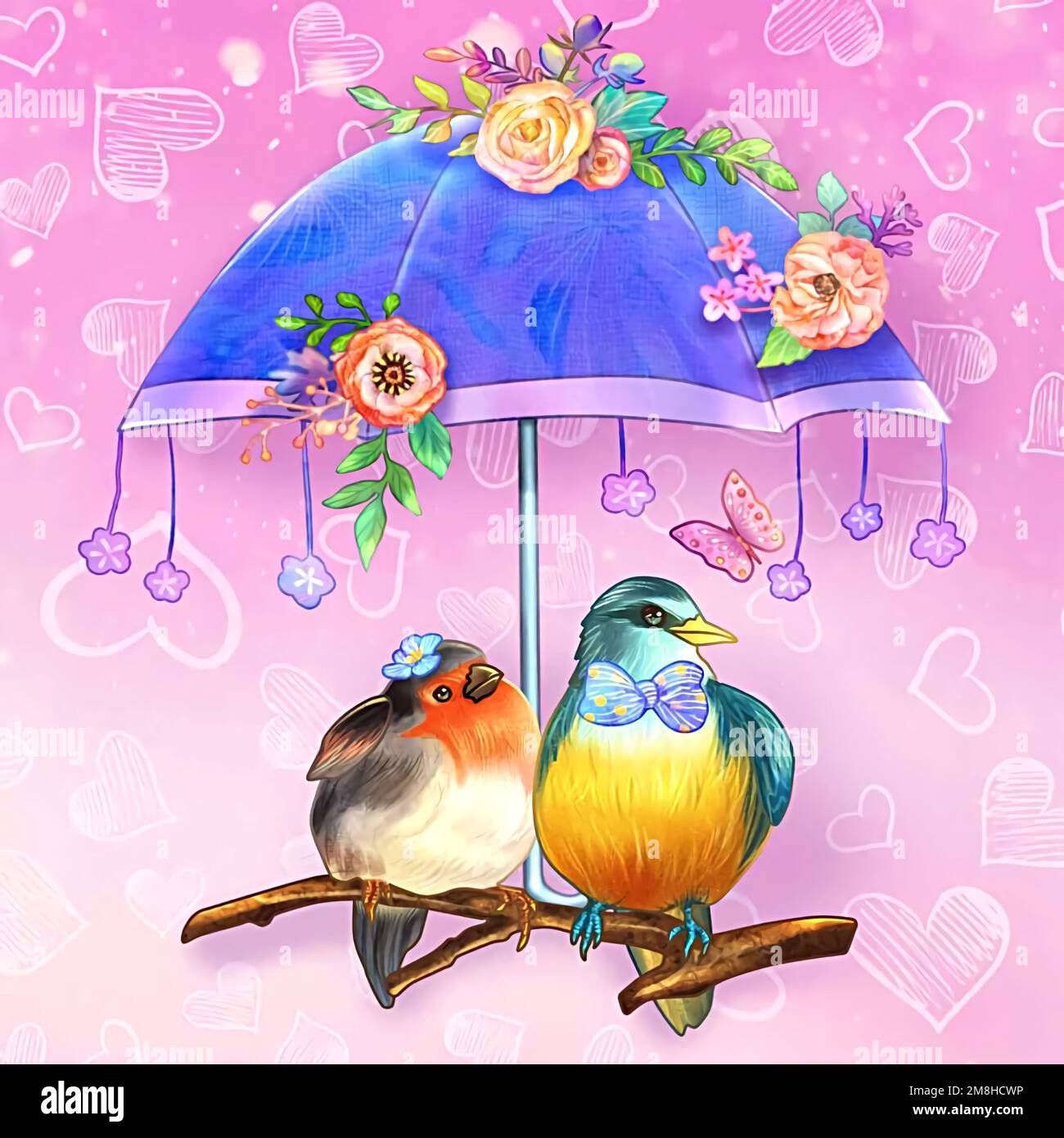 Illustration of a pair of beautiful birds with an umbrella and flowers ...