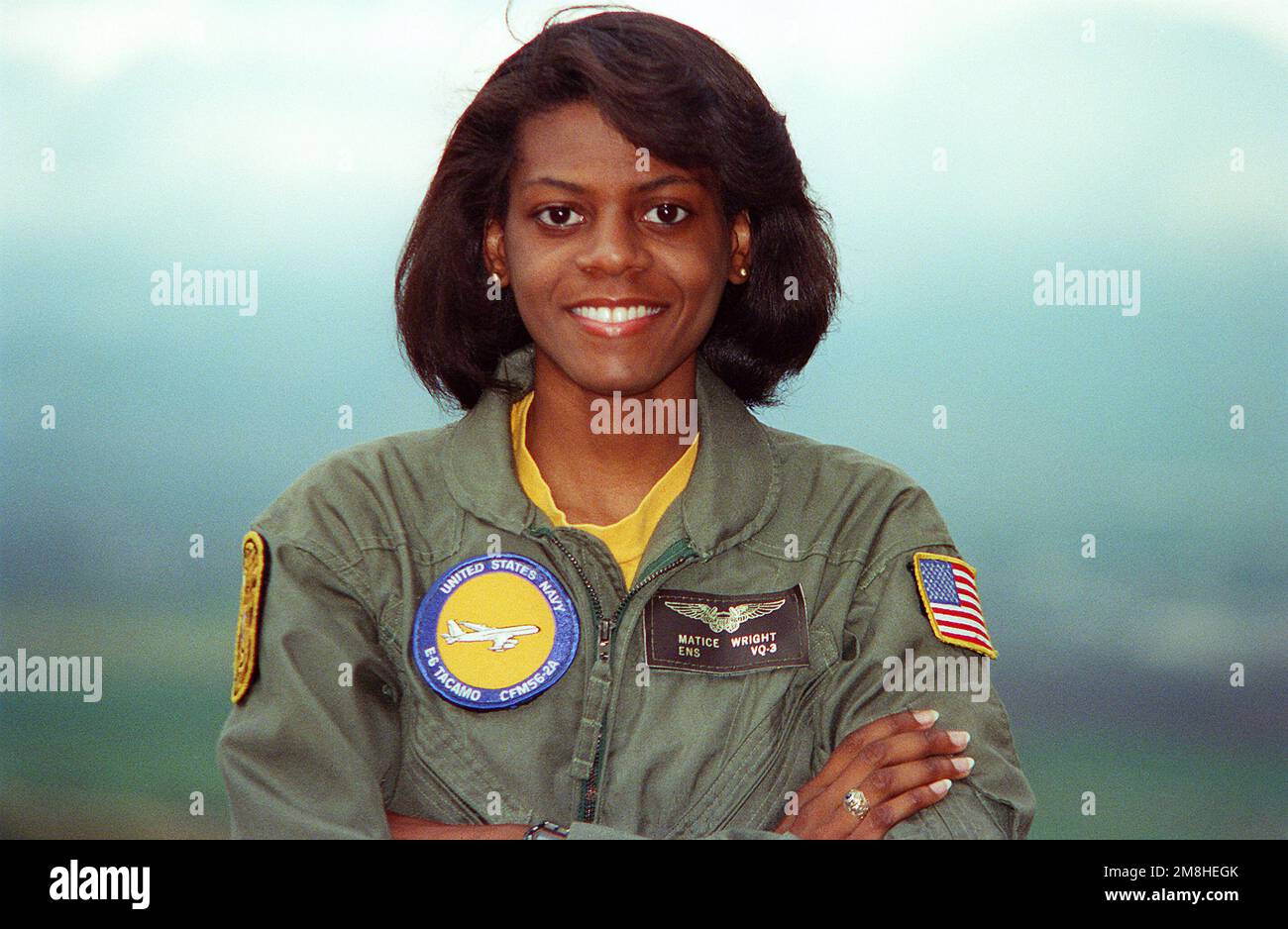 ENSIGN Matice Wright, the Navy's first black female naval flight officer, poses for a photograph