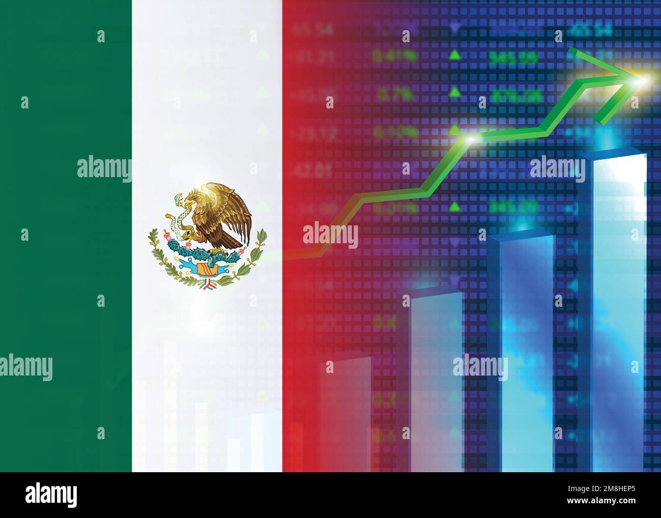 Economic growth in Mexico.Mexico's stock market.Mexican flag with