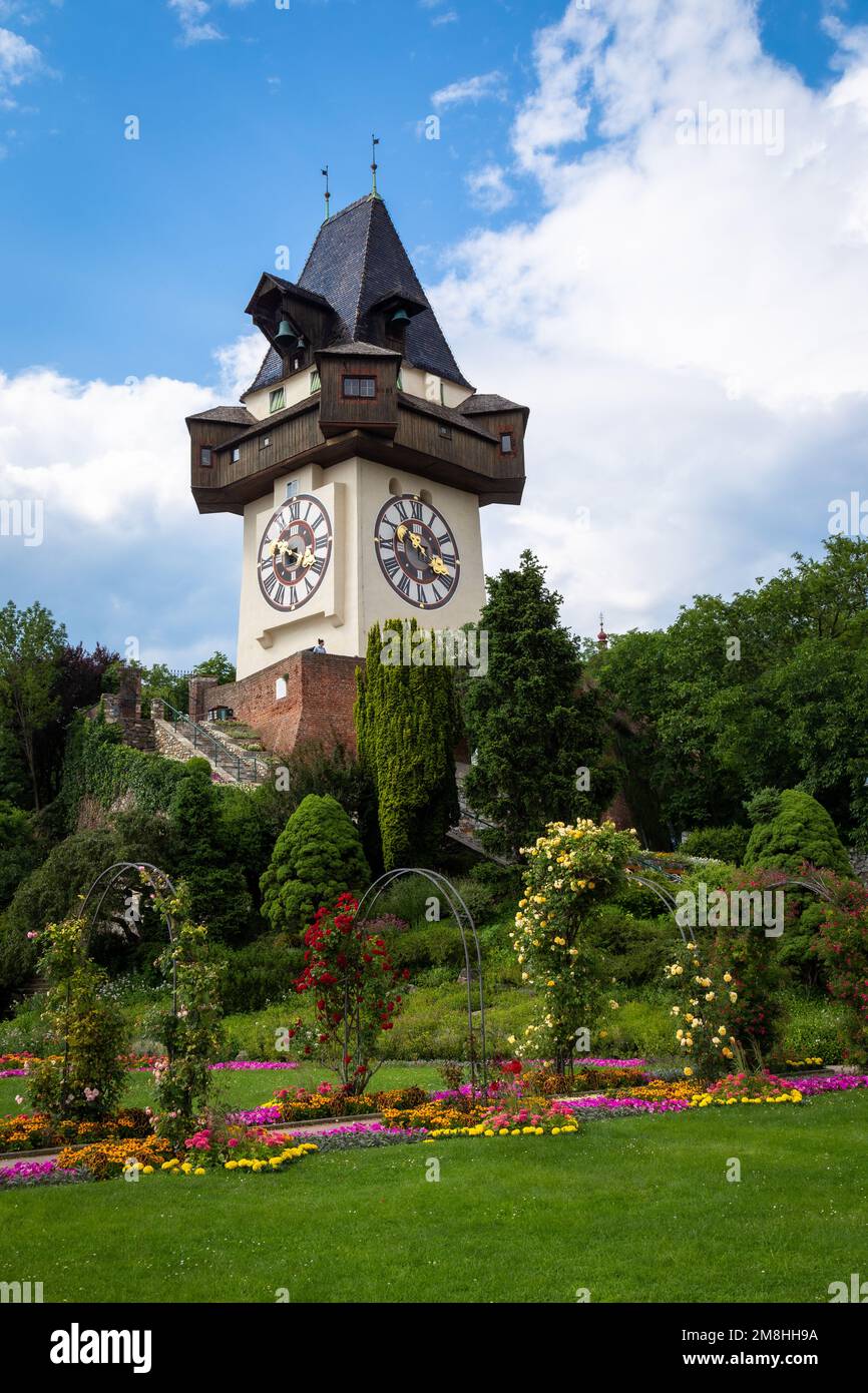 View of Clock Tower and Gardens on Schlossberg Fort, Graz Austria on a ...