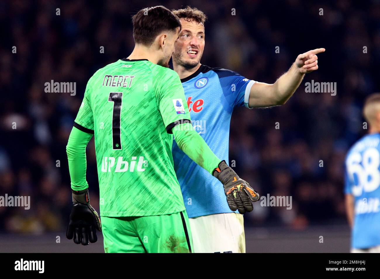 Naples, Italy. 13th Jan, 2023. Alex Meret of Ssc Napoli and Amir Rrahmani of Ssc Napoli during the  Serie A match beetween Ssc Napoli and Juventus Fc at Stadio Maradona on January 13, 2023 in Napoli, Italy . Credit: Marco Canoniero/Alamy Live News Stock Photo