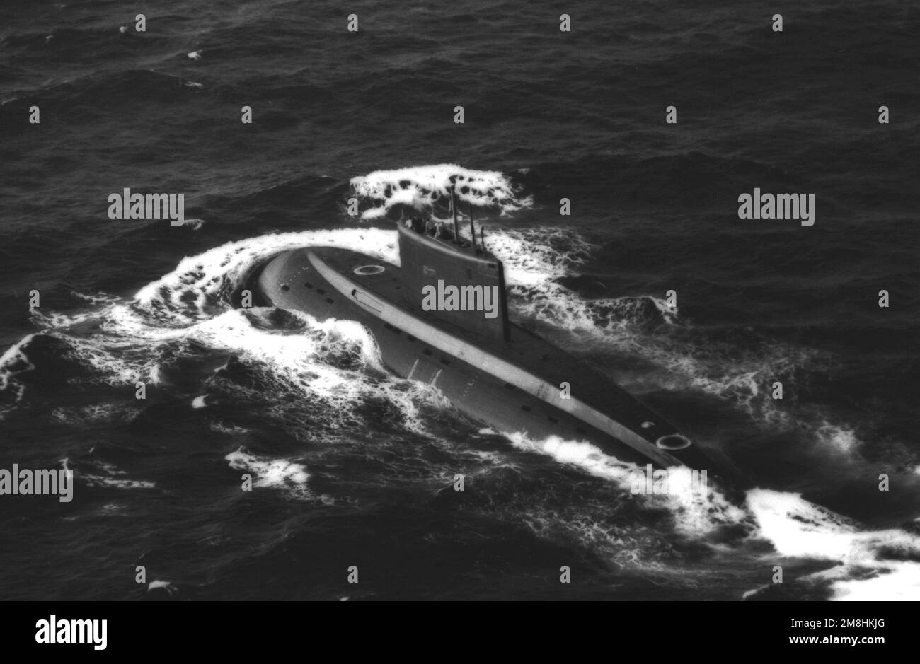 Port quarter view of Iran's second KILO class diesel-powered submarine underway en route from the Baltic to Iranian home waters. The submarine was photographed by Light Helicopter Squadron 48 (HSL-48) from the USS SPRUANCE (DD-963). Country: Unknown Stock Photo